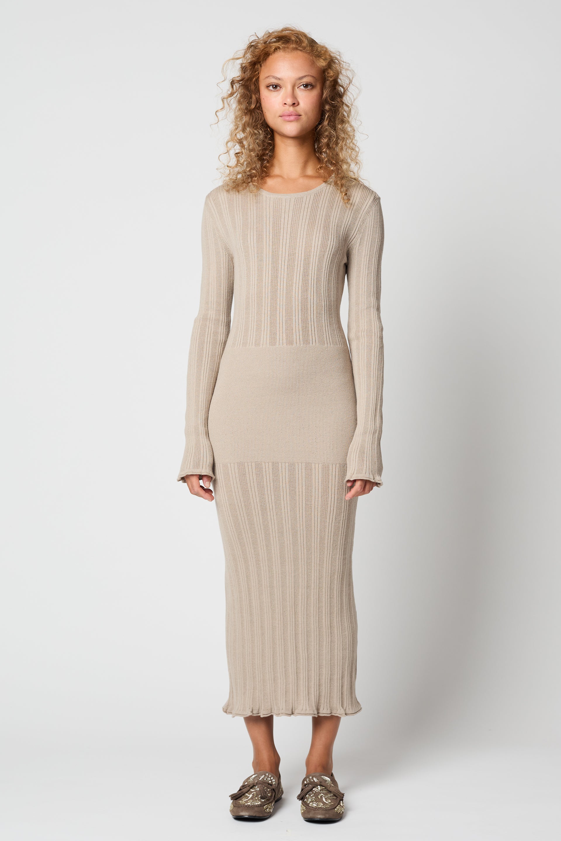 Pointelle Long Eyelet Sleeve Fitted Dress