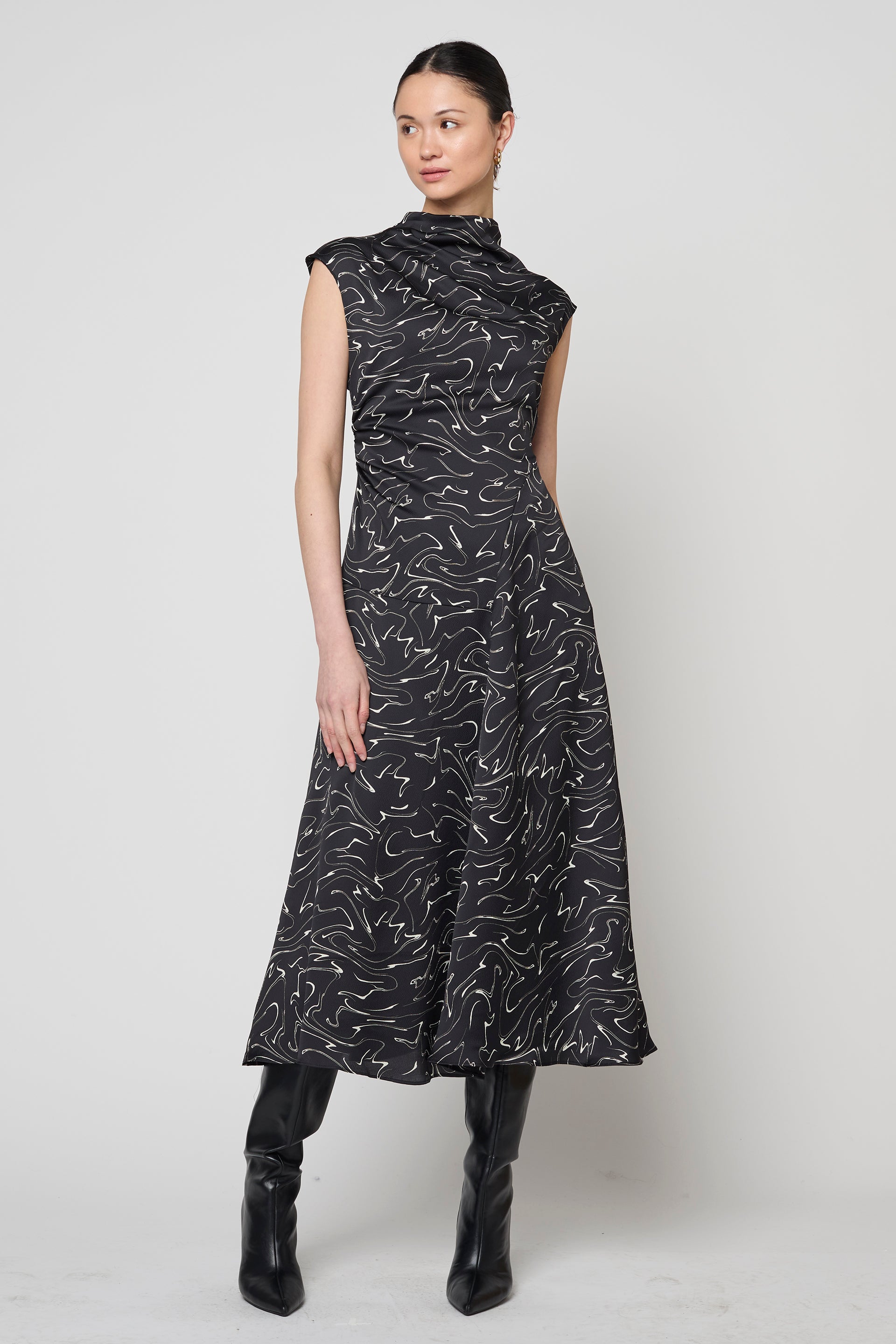 Twisted Hammered Satin Dress with Black Smearing Print