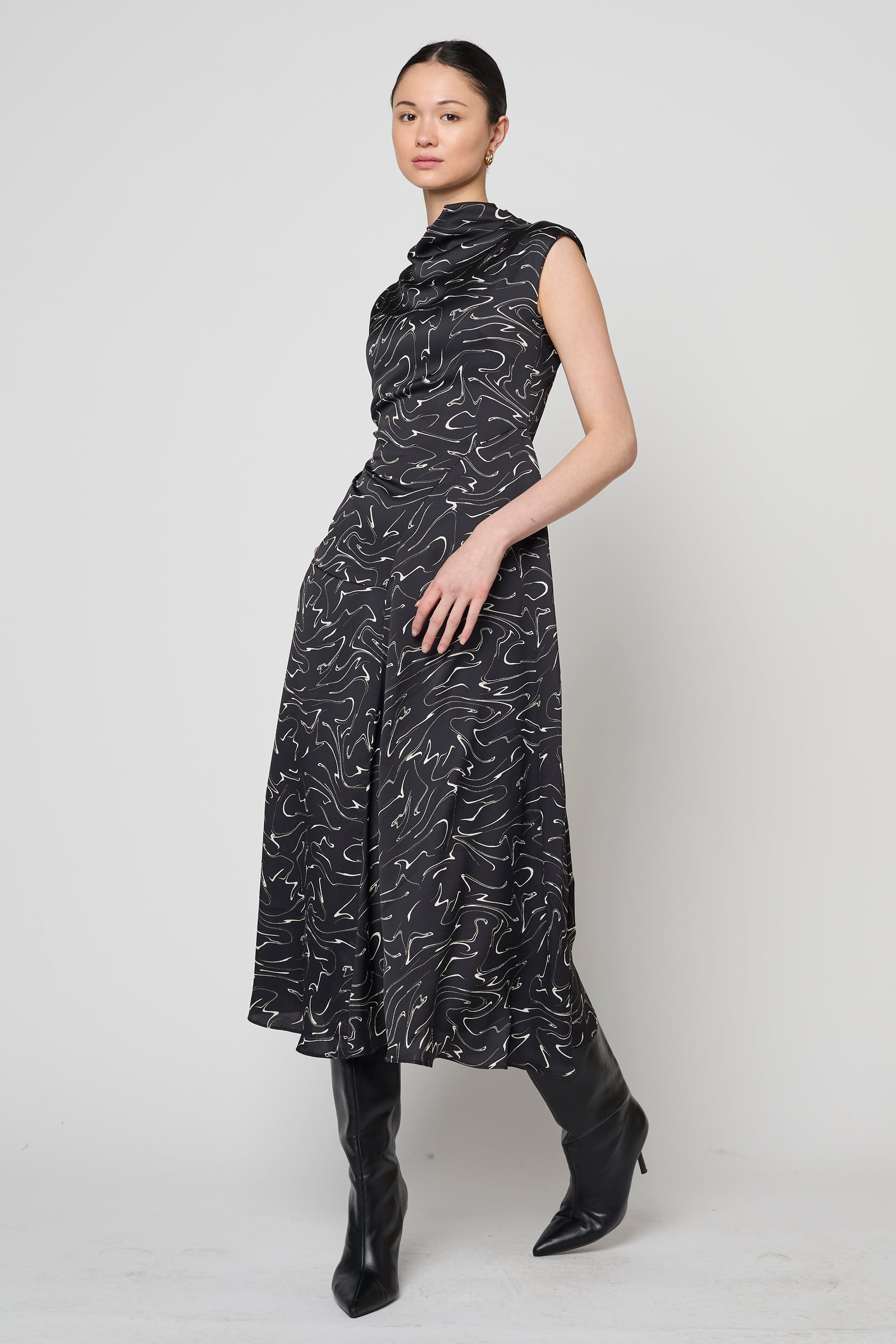 Twisted Hammered Satin Dress with Black Smearing Print