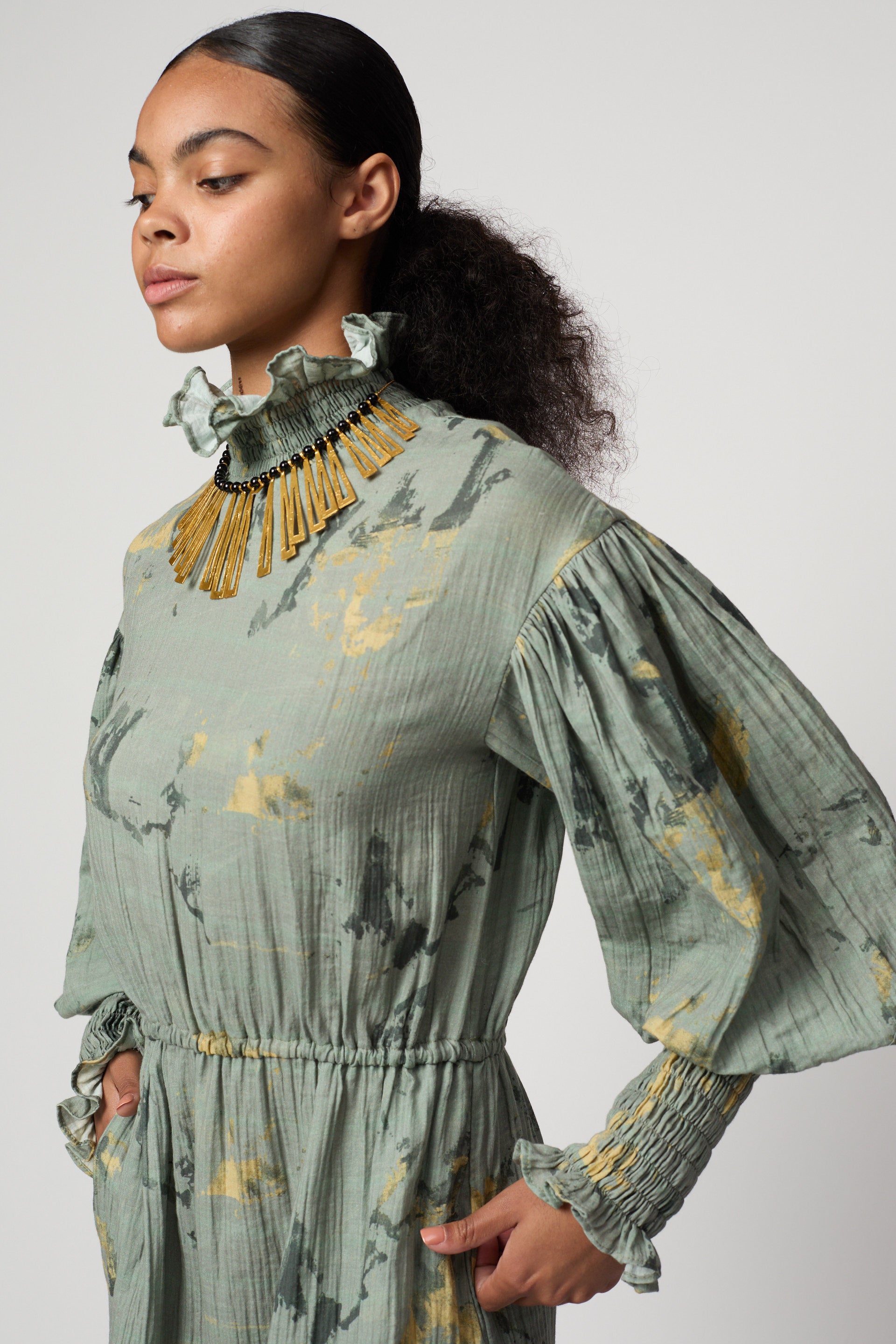 Kohaku Dress in Marble Print Crinkled Cotton