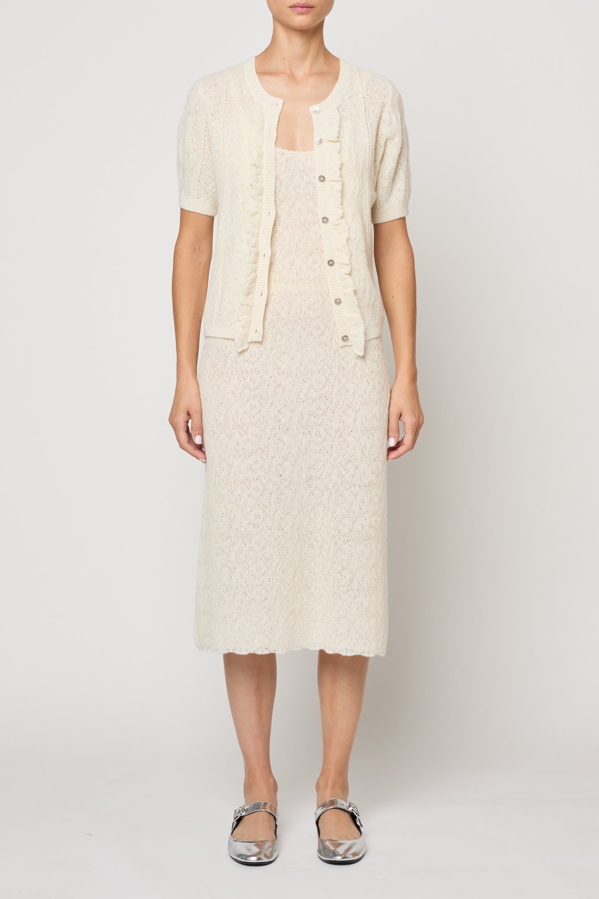 Lacy Short Sleeve Cardigan in Jacquard Lace - Cream