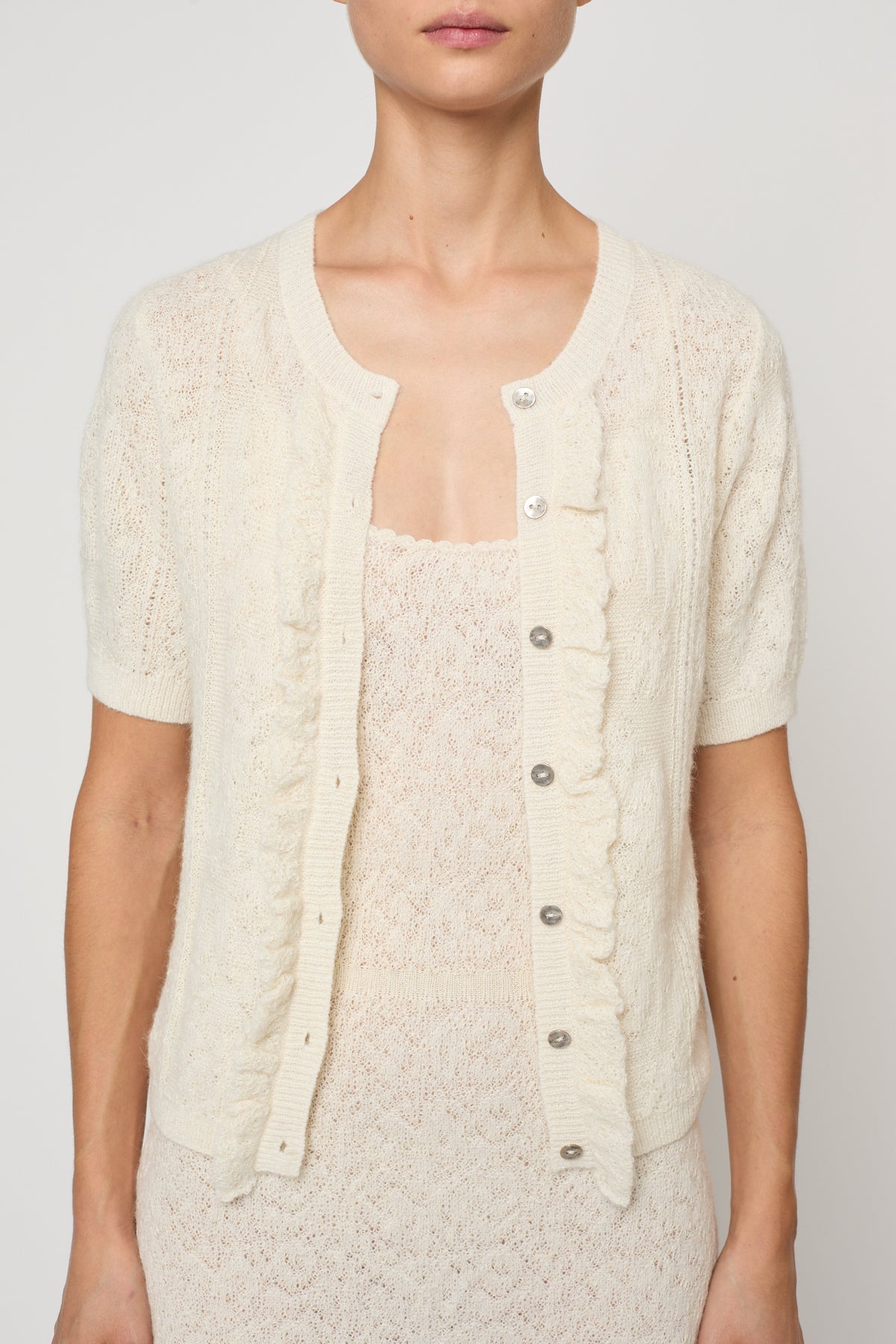 Lacy Short Sleeve Cardigan in Jacquard Lace - Cream