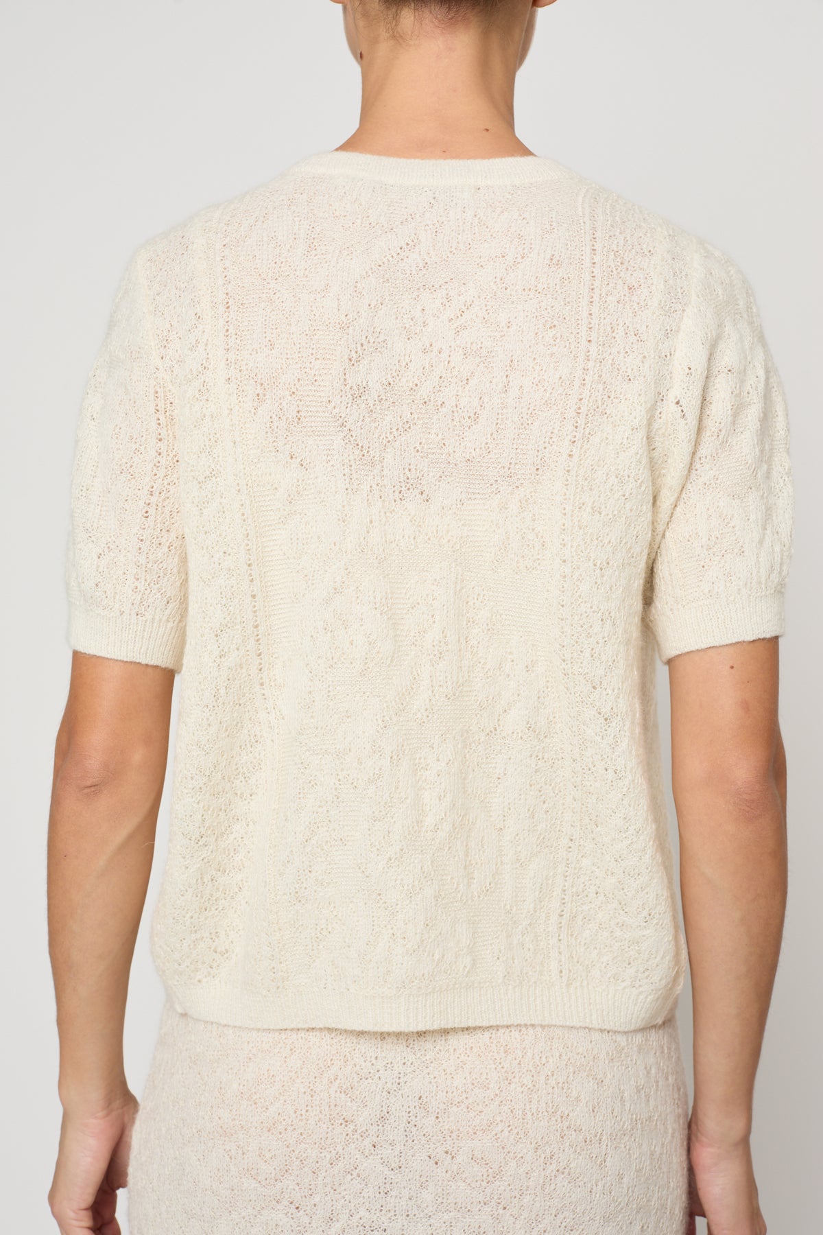 Lacy Short Sleeve Cardigan in Jacquard Lace - Cream