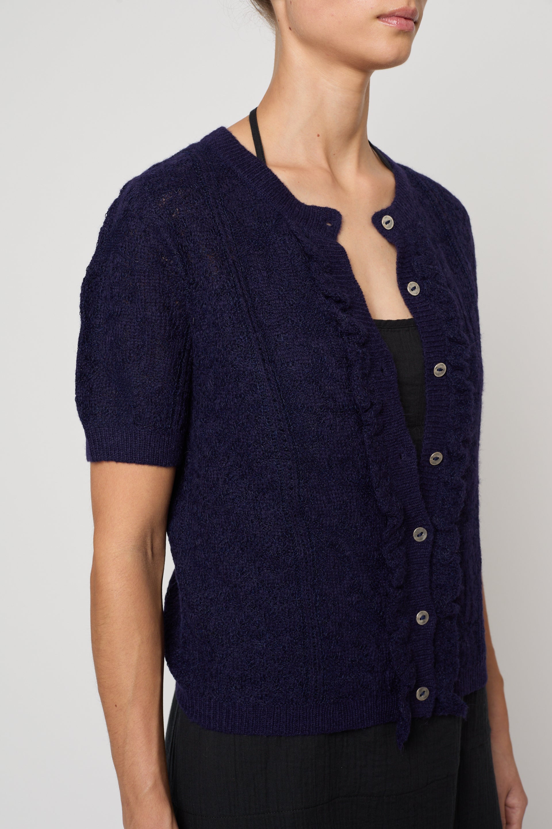 Lacy Short Sleeve Cardigan in Jacquard Lace - Deep Sea