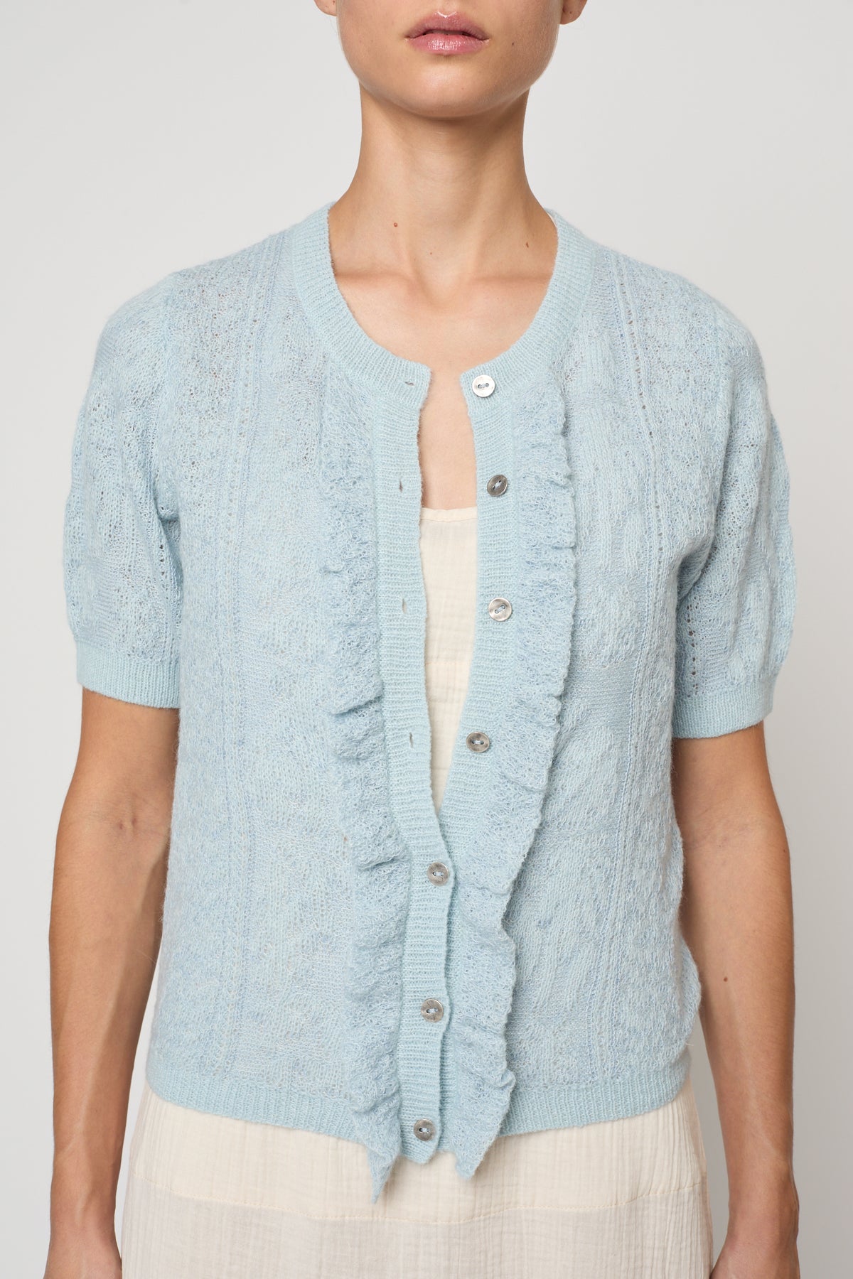 Lacy Short Sleeve Cardigan in Jacquard Lace - Light Blue