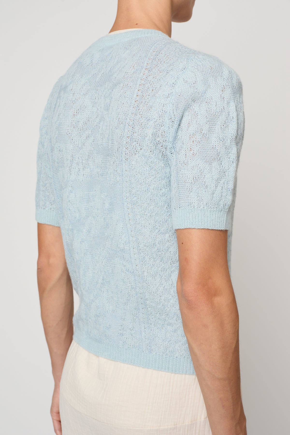 Lacy Short Sleeve Cardigan in Jacquard Lace - Light Blue