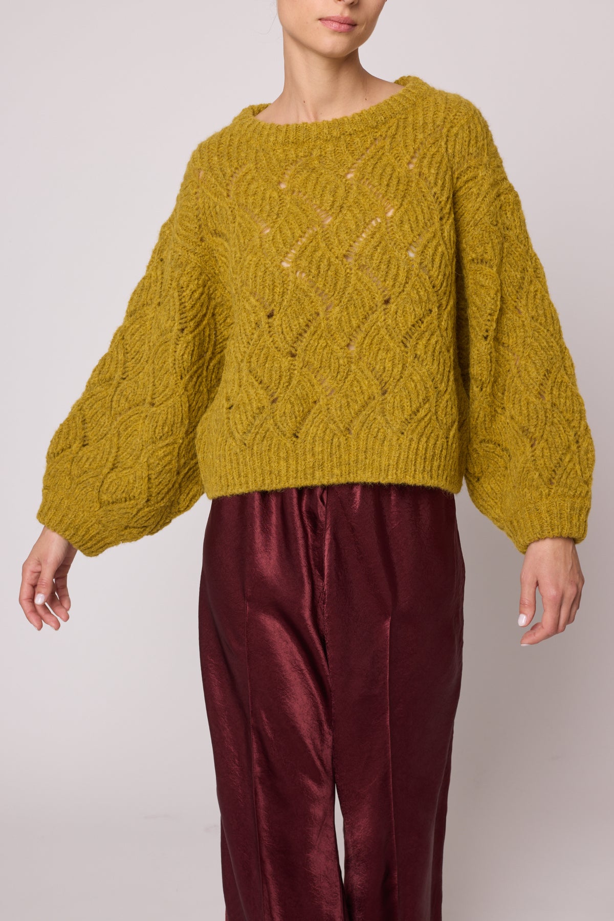Balloon Sleeve Sweater in Wave Basket - Mustard