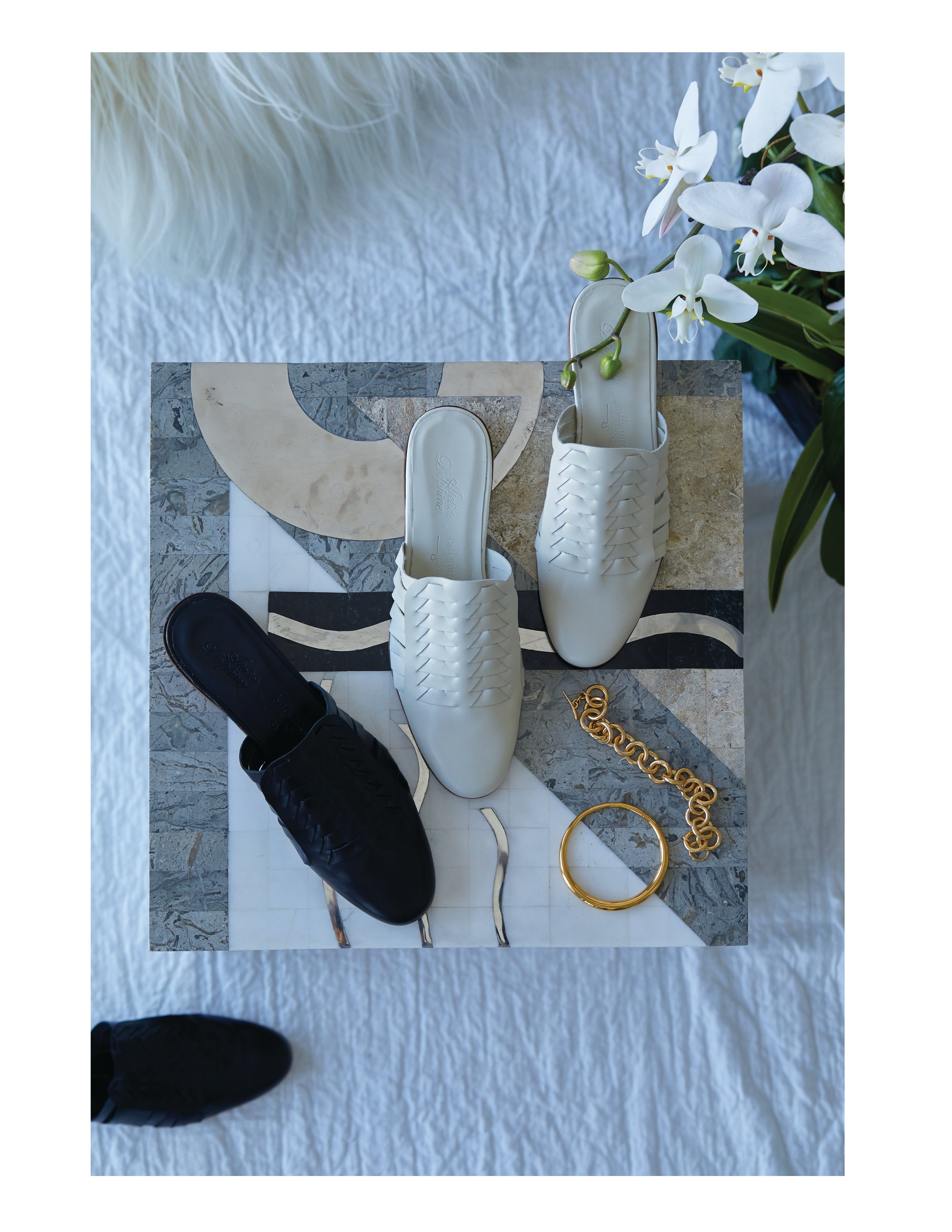 Leather Woven Slides in White