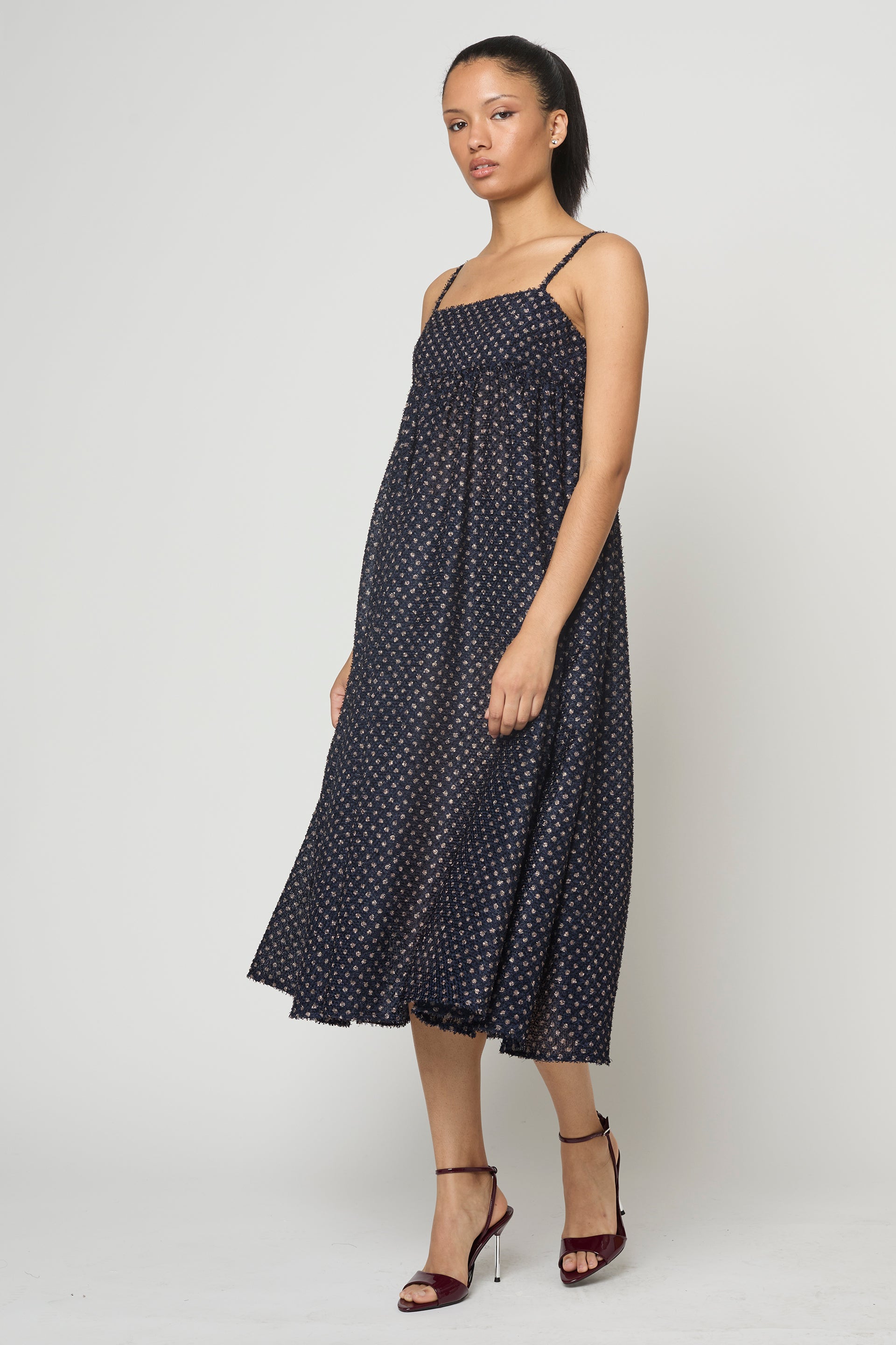 Arquette Dress in Navy Polka Dots