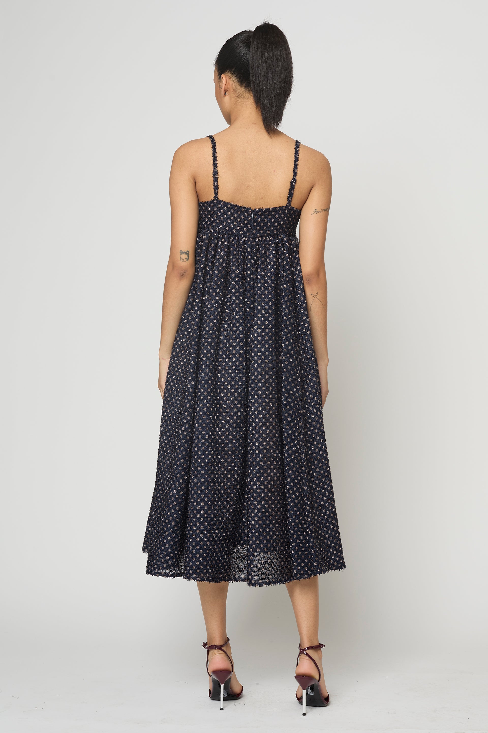 Arquette Dress in Navy Polka Dots