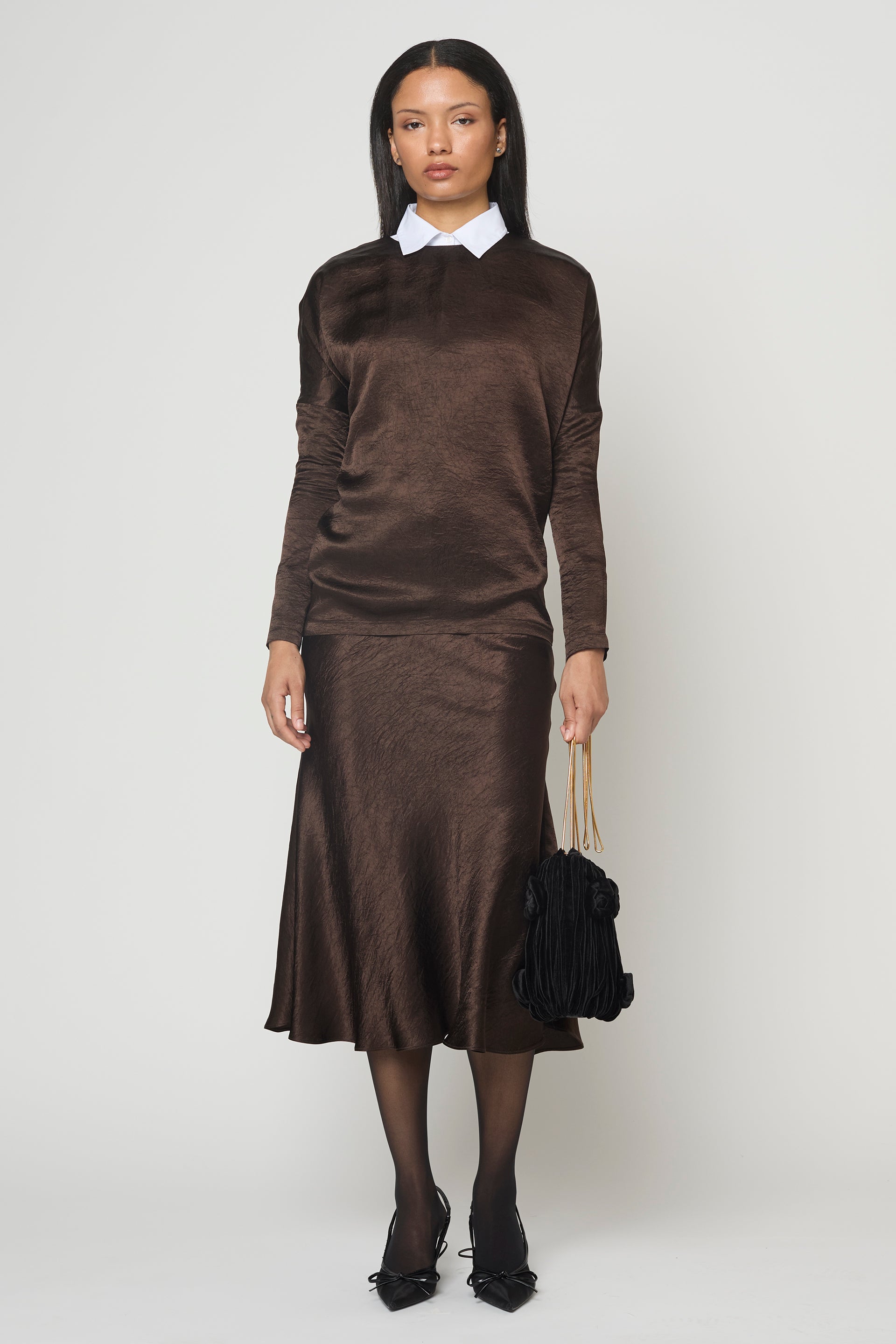 Long Sleeve Top in Crinkled Satin