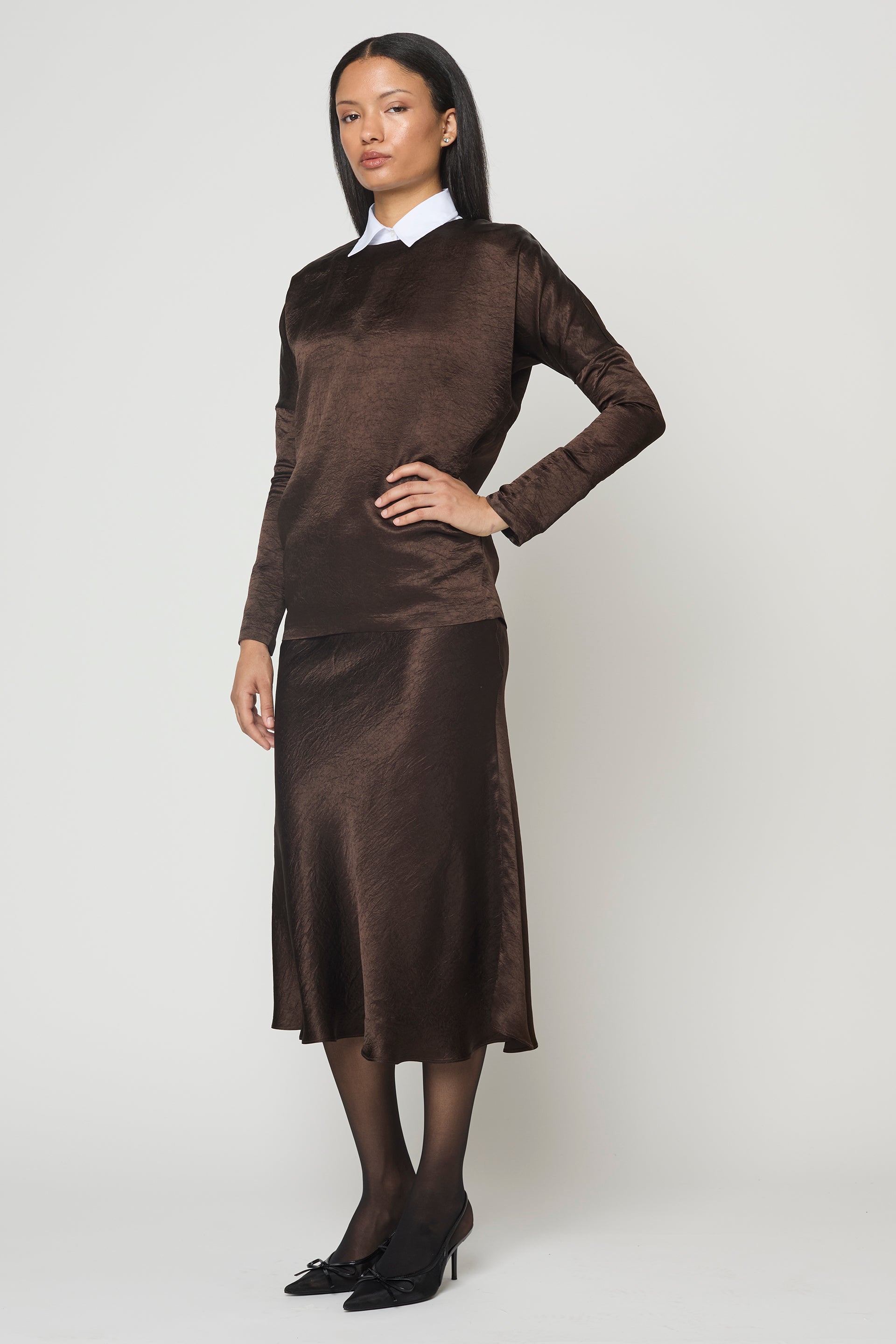 Long Sleeve Top in Crinkled Satin