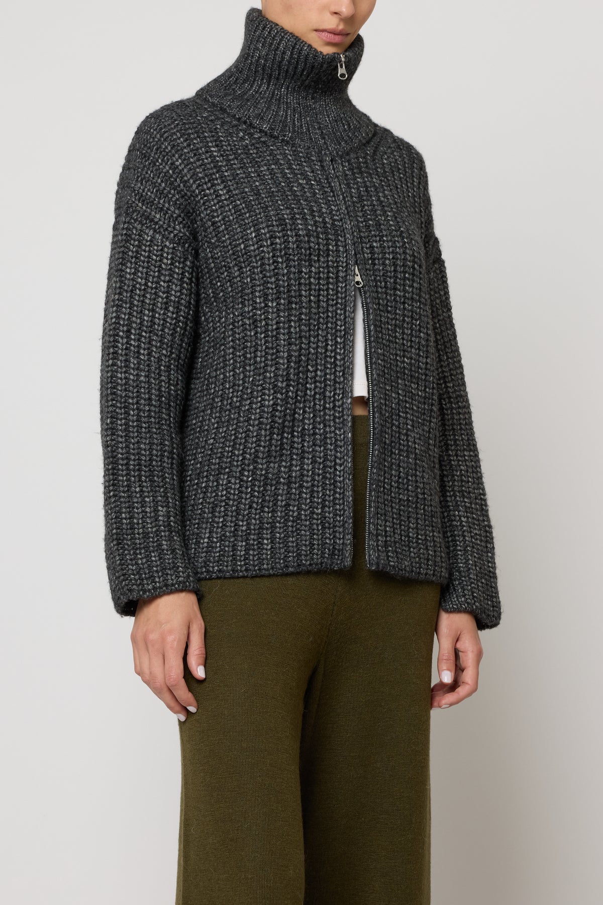 Rib Zip-up Cardigan in Alpaca Pima Blend - Charcoal