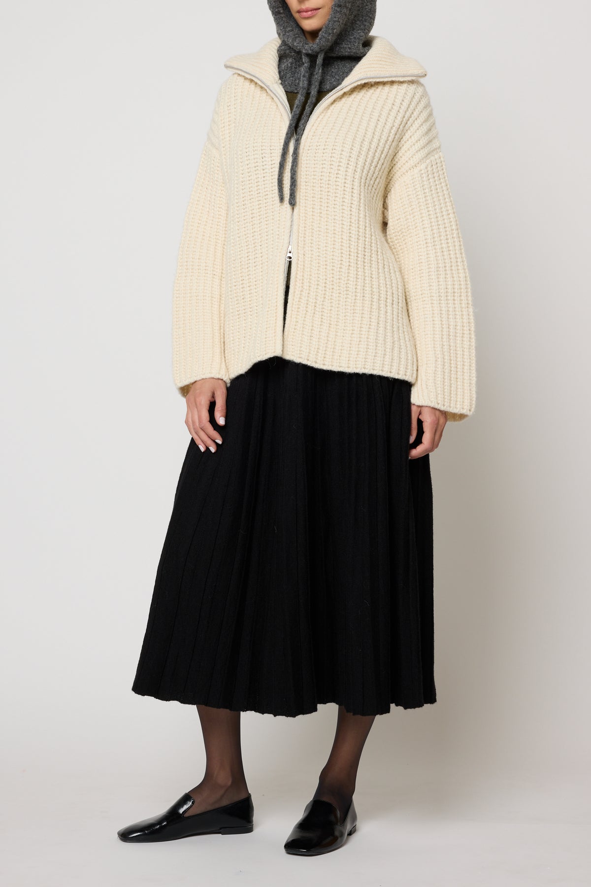 Rib Zip-up Cardigan in Alpaca Pima Blend - Cream