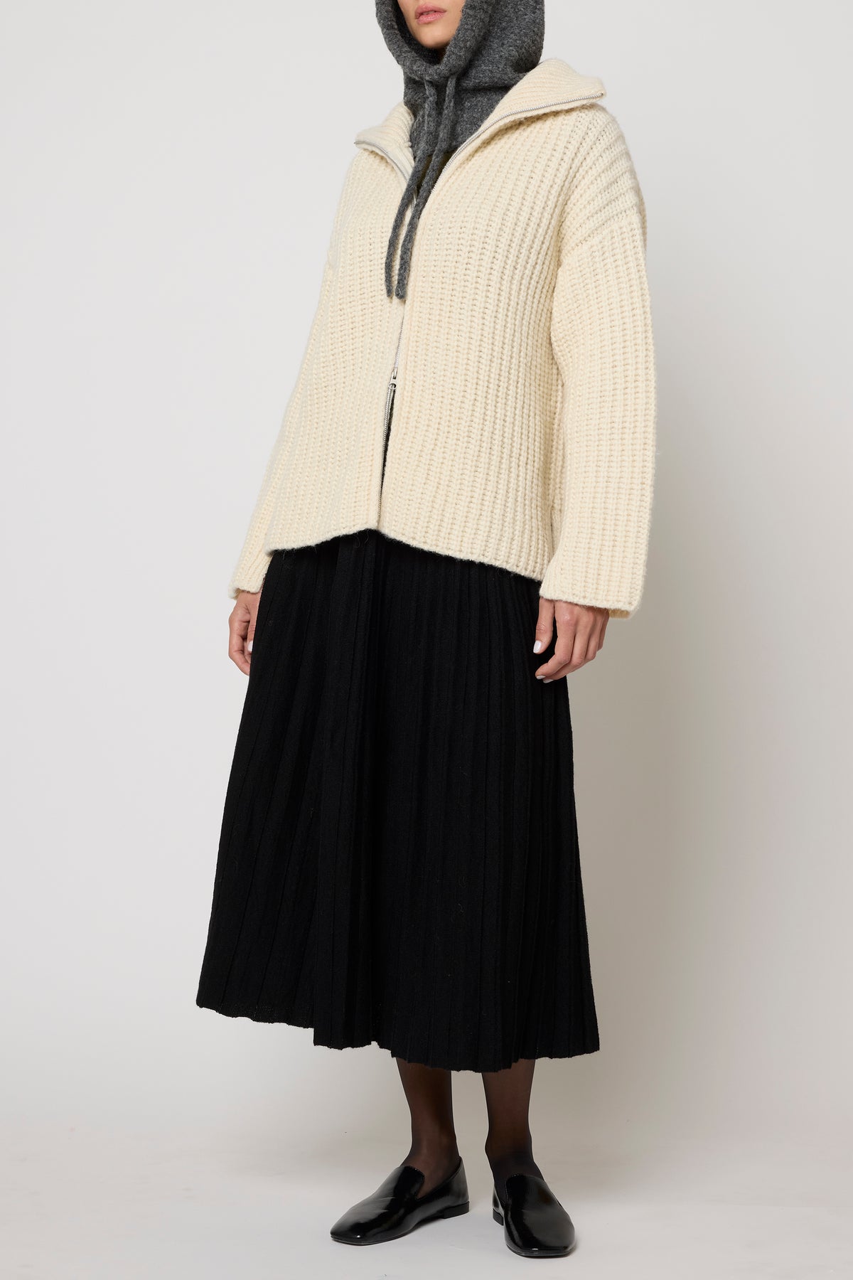 Rib Zip-up Cardigan in Alpaca Pima Blend - Cream