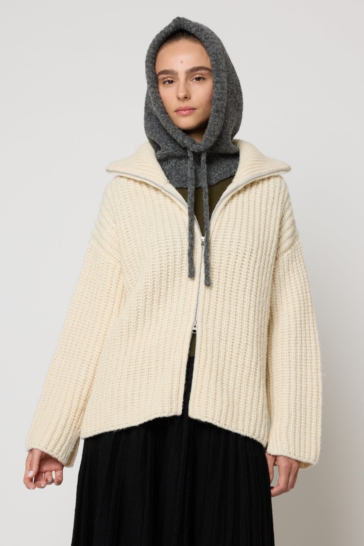 Rib Zip-up Cardigan in Alpaca Pima Blend - Cream