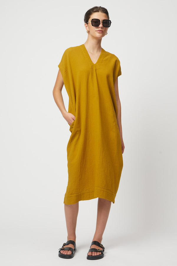 Crescent Dress Long in Crinkled Cotton, Spring Colors