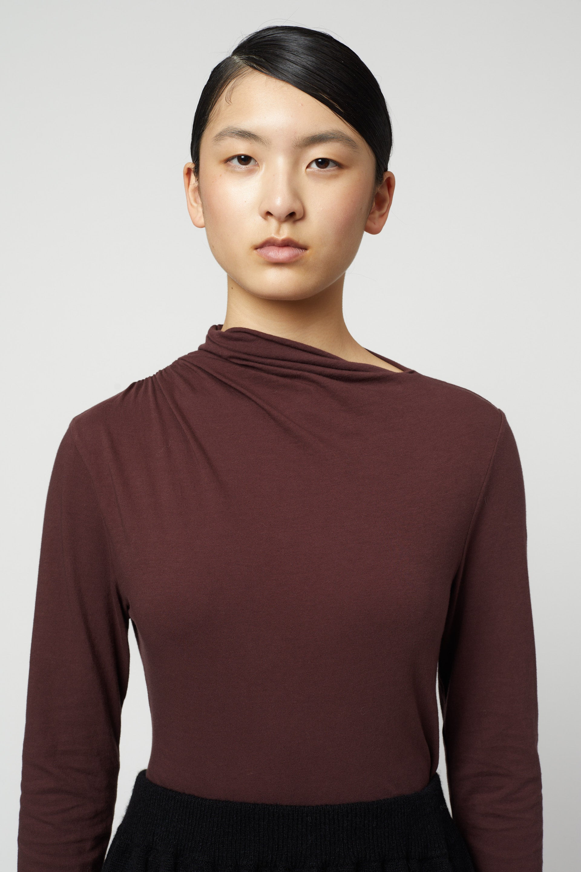 Shirred Asymmetrical Neckline Long Sleeve Top