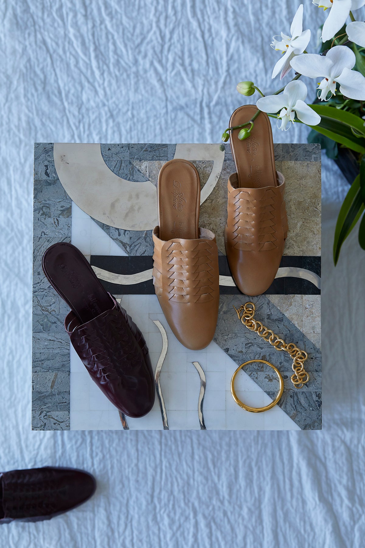 Leather Woven Slides in Mulberry