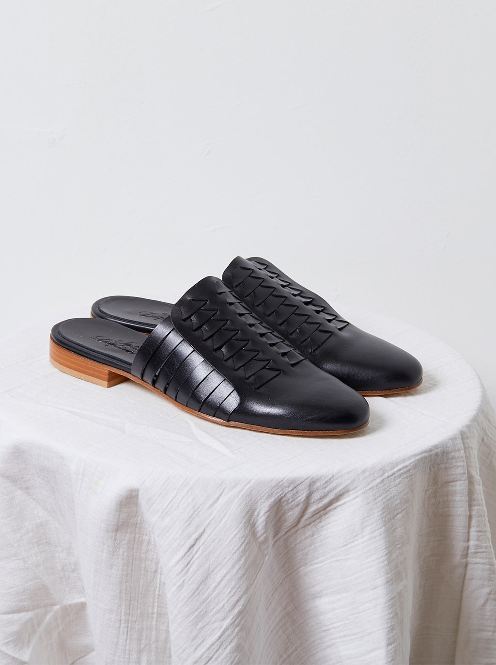 Leather Woven Slides in Black