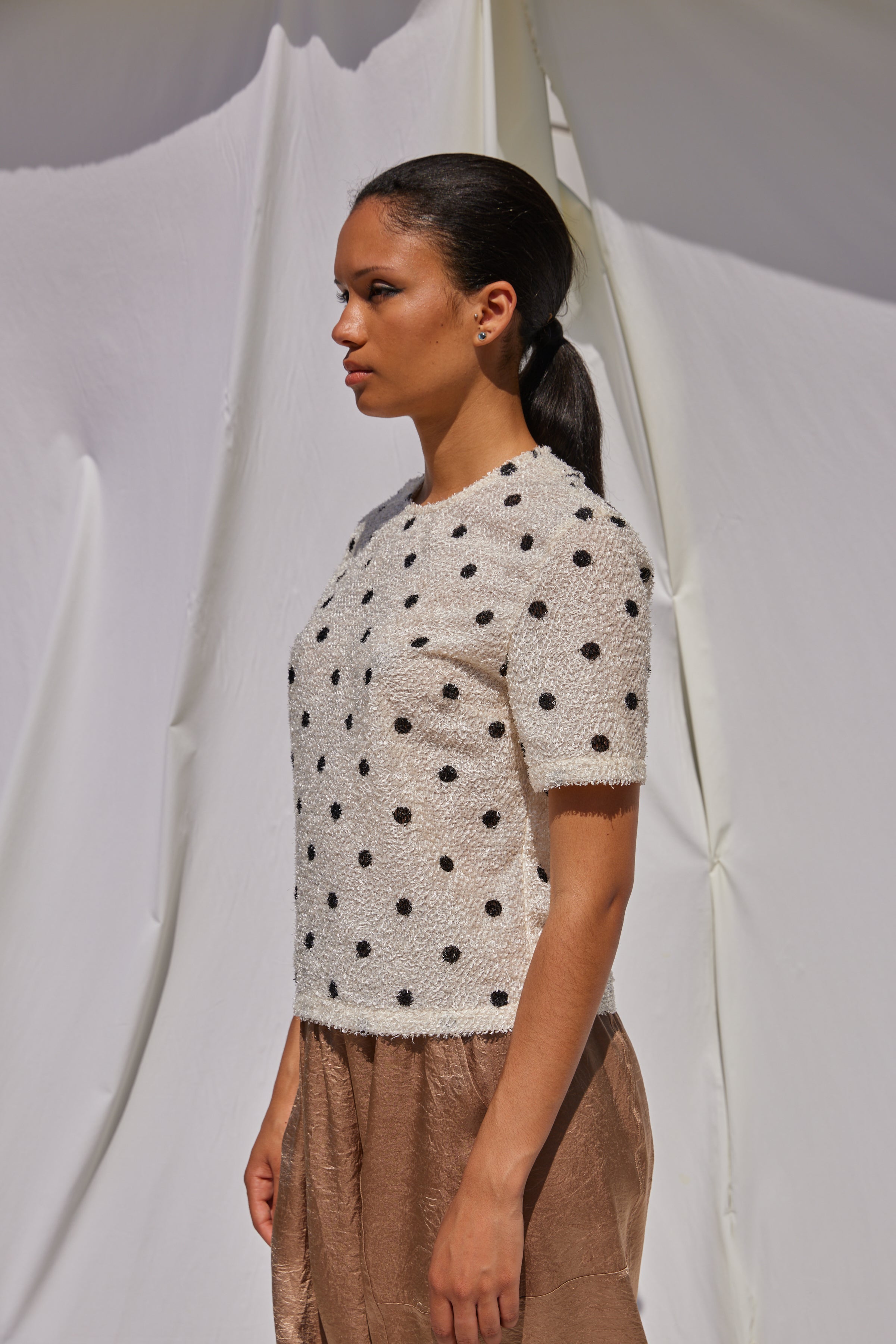 Crop Top in Sheer Fuzzy Polka Dots