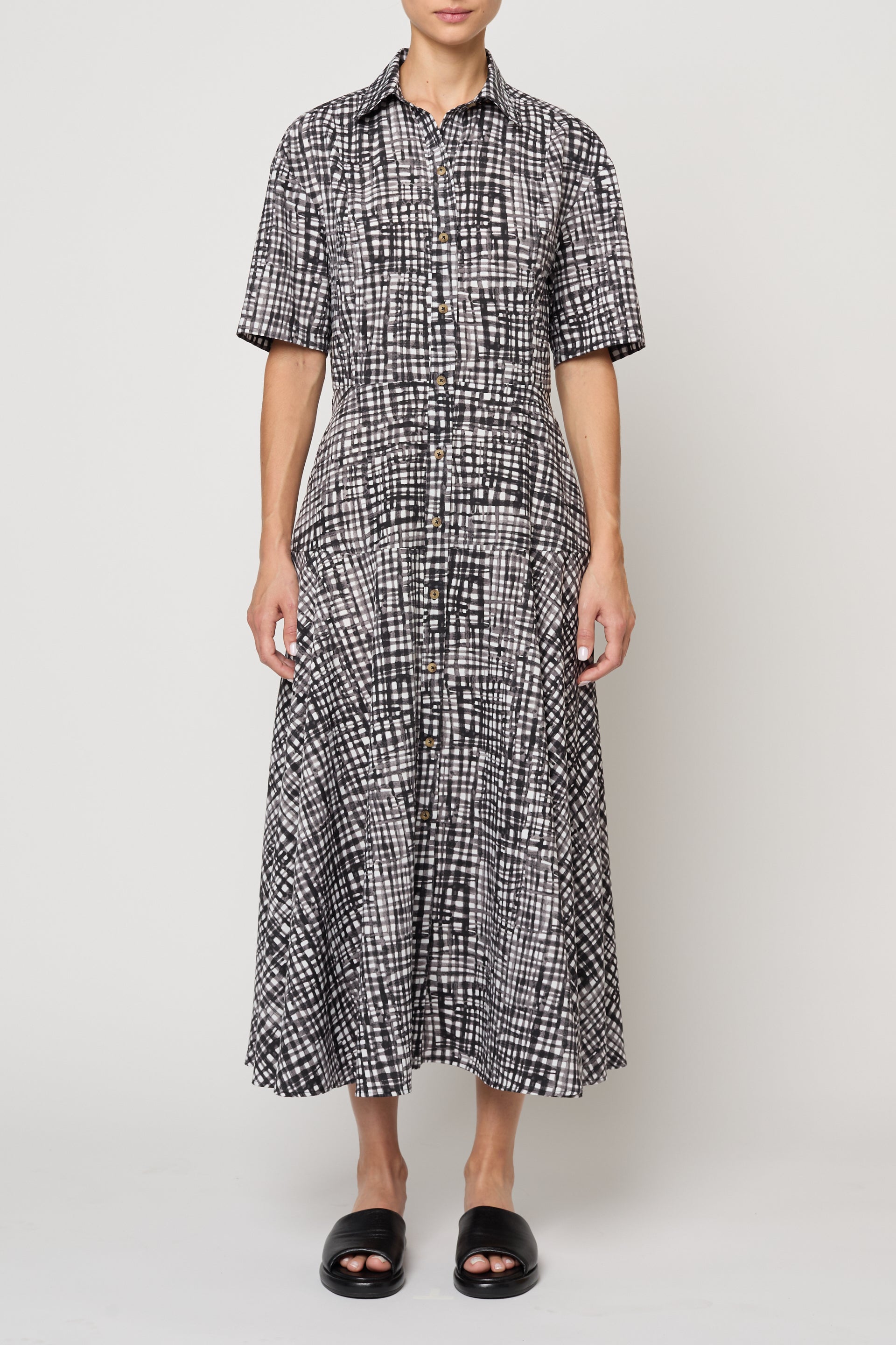 Paneled Shirt Dress in Watercolor Gingham