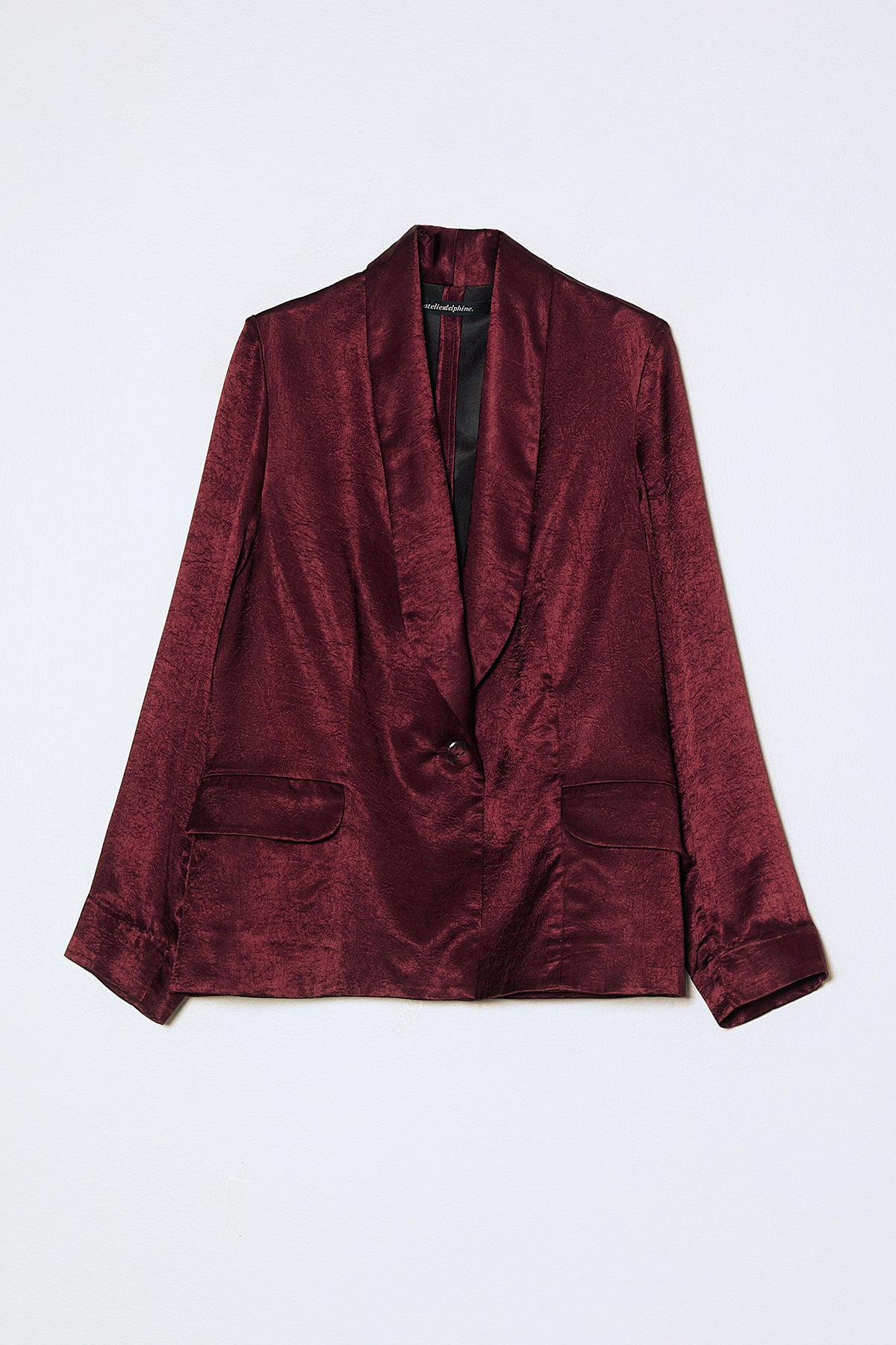 Single Breasted Slouchy Blazer in Crinkled Satin - Burgundy