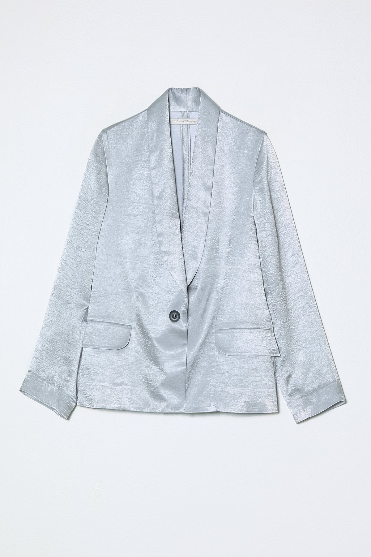 Single Breasted Slouchy Blazer in Crinkled Satin - Silver