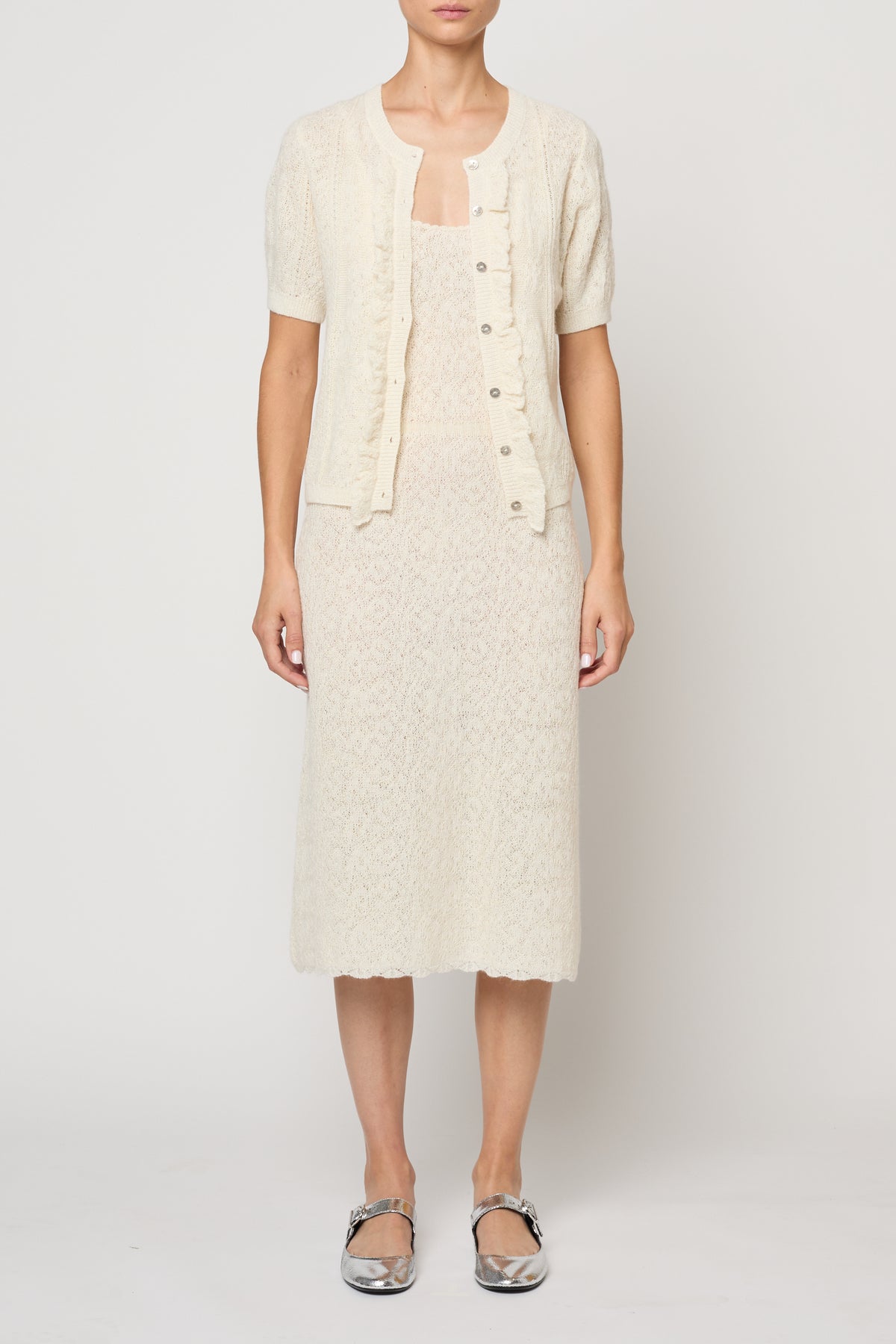 Lacy Short Sleeve Cardigan in Jacquard Lace - Cream