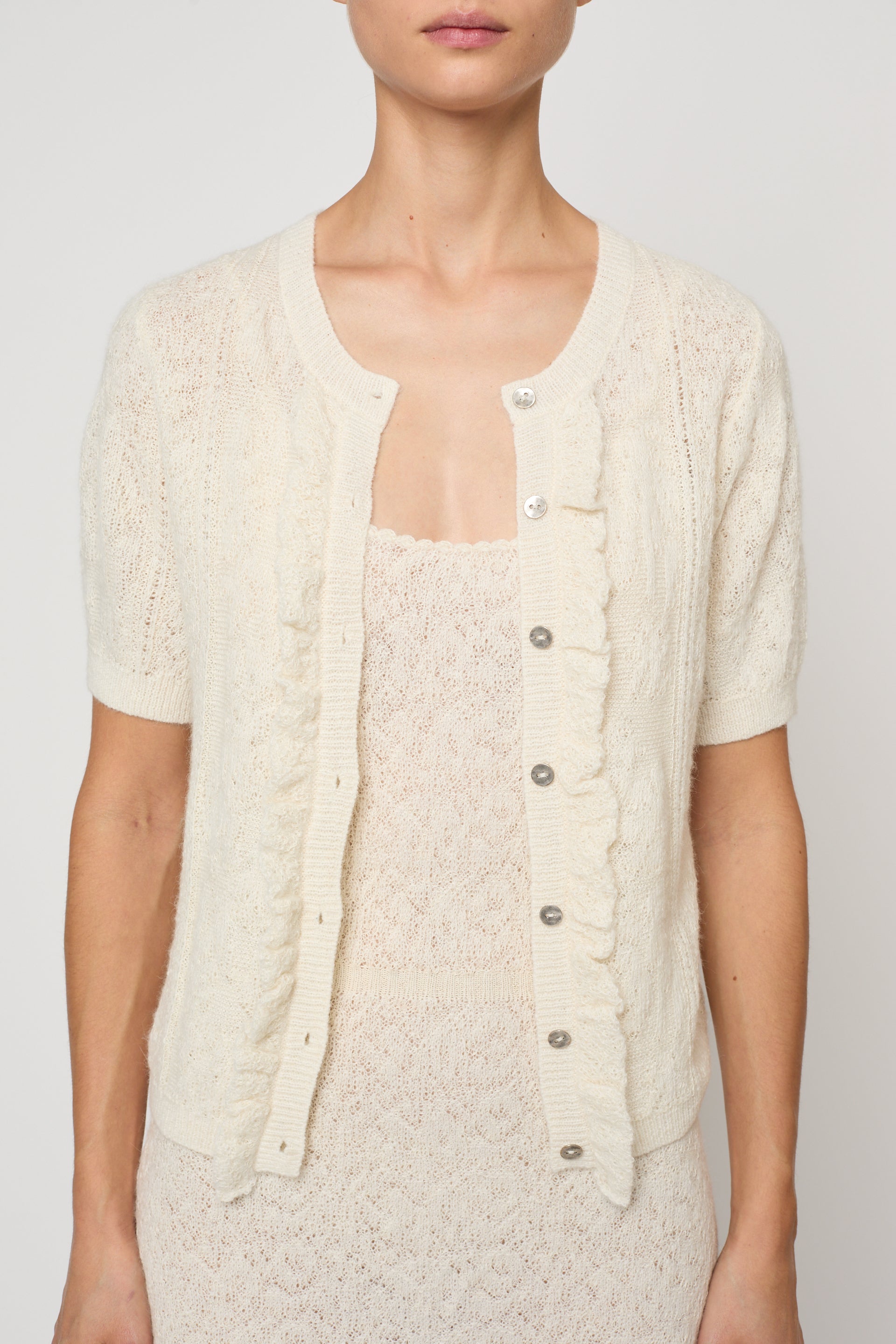 Lacy Short Sleeve Cardigan in Jacquard Lace - Cream