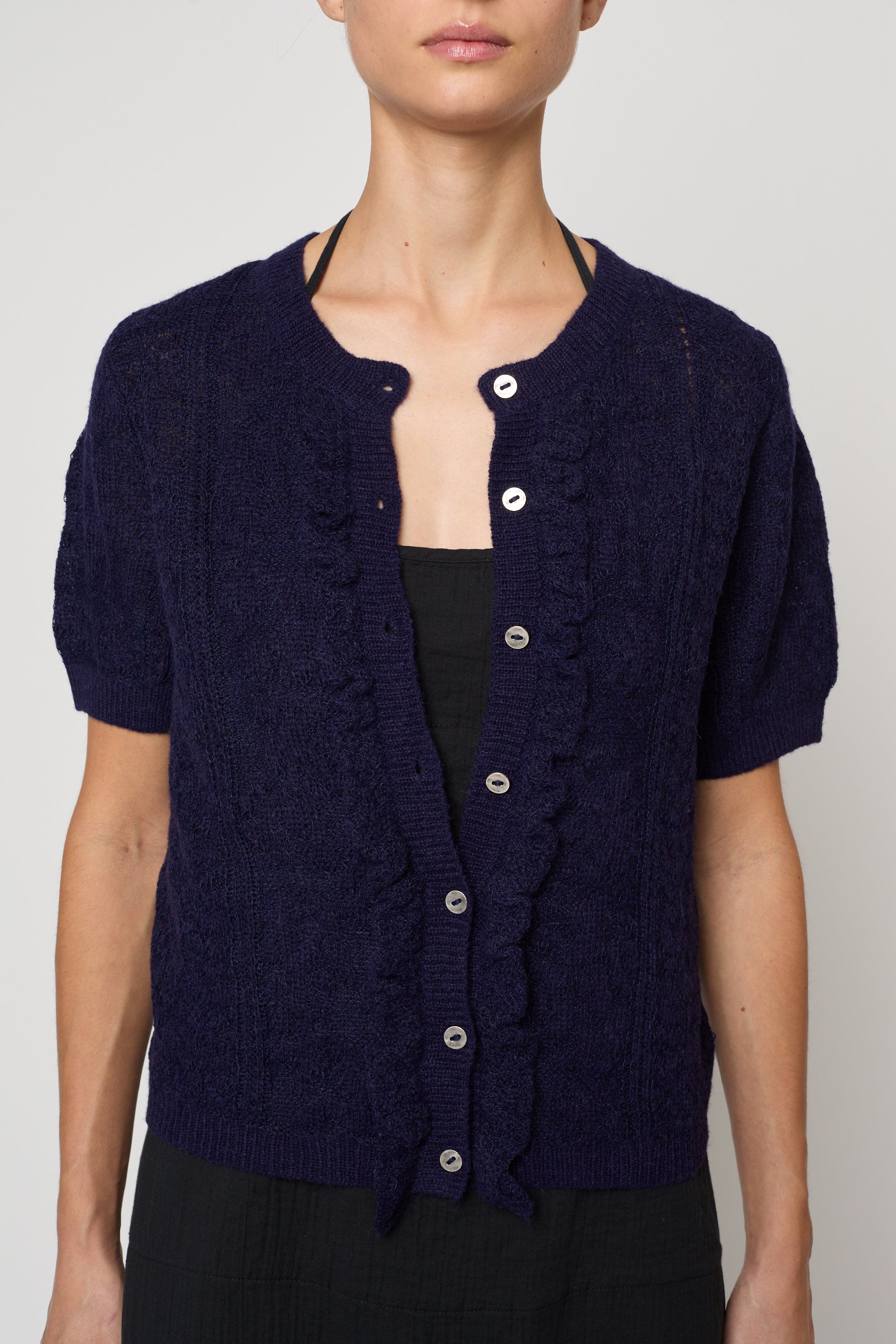 Lacy Short Sleeve Cardigan in Jacquard Lace - Deep Sea