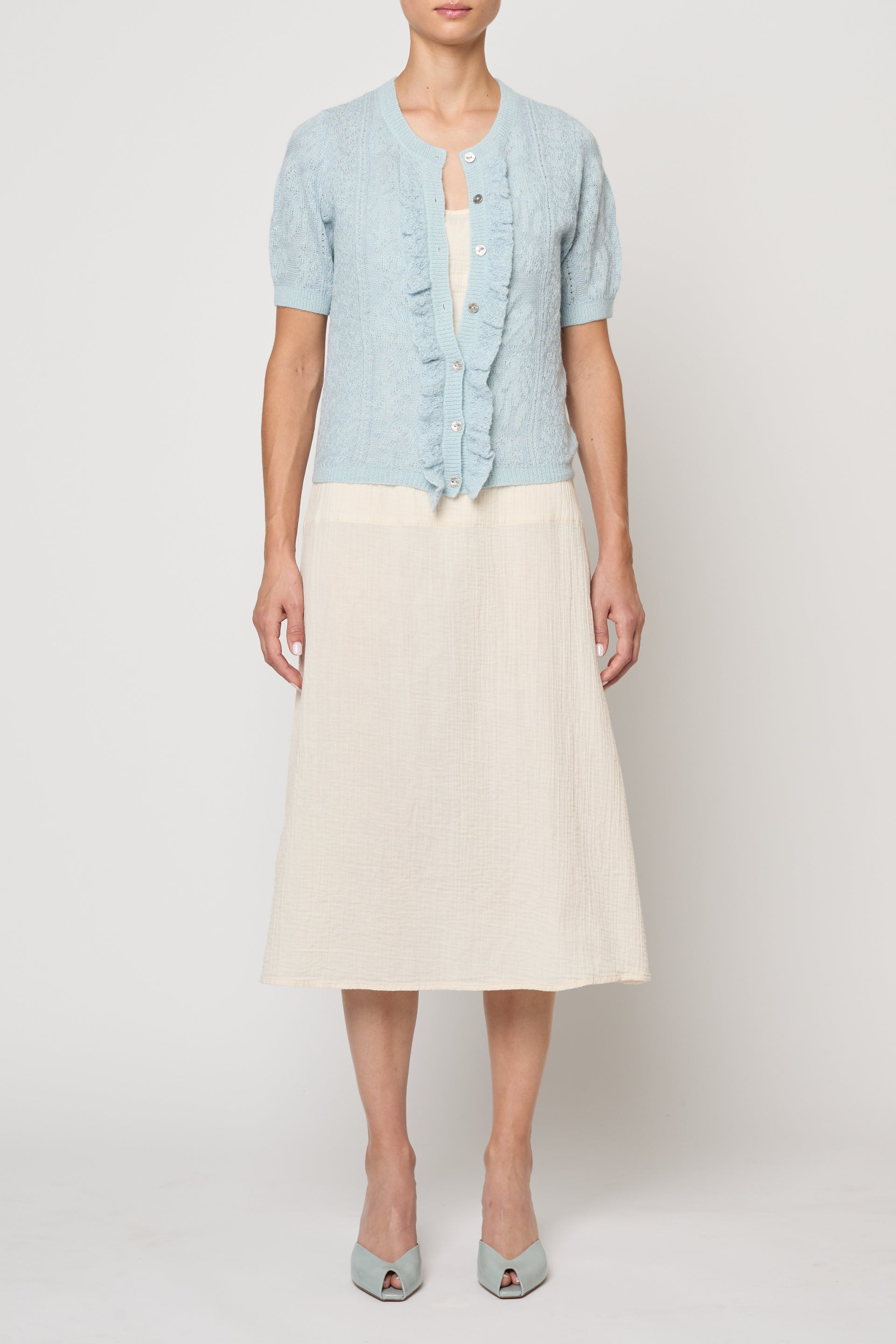 Lacy Short Sleeve Cardigan in Jacquard Lace - Light Blue