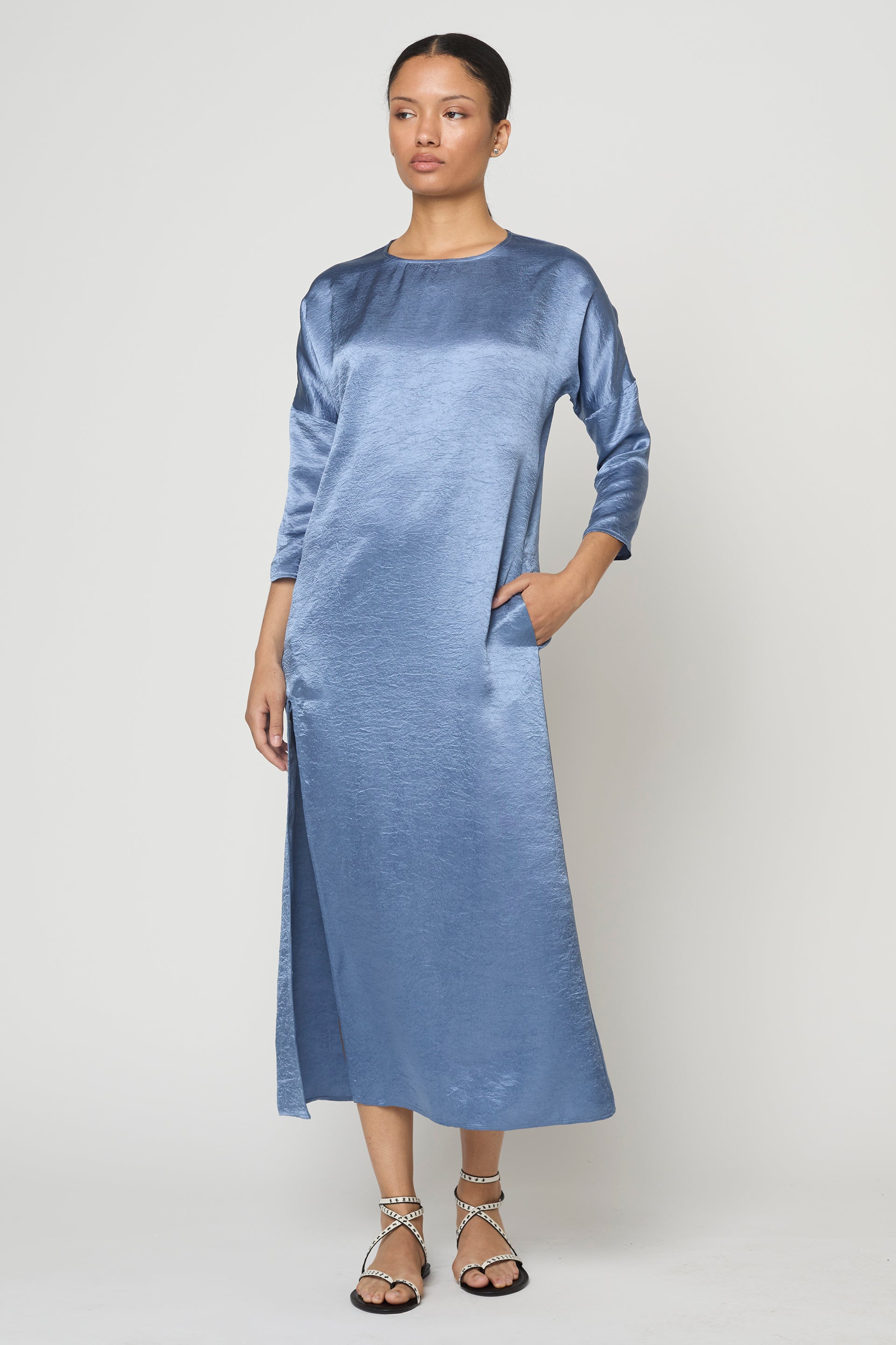 Kara Shirt Dress in Crinkled Satin