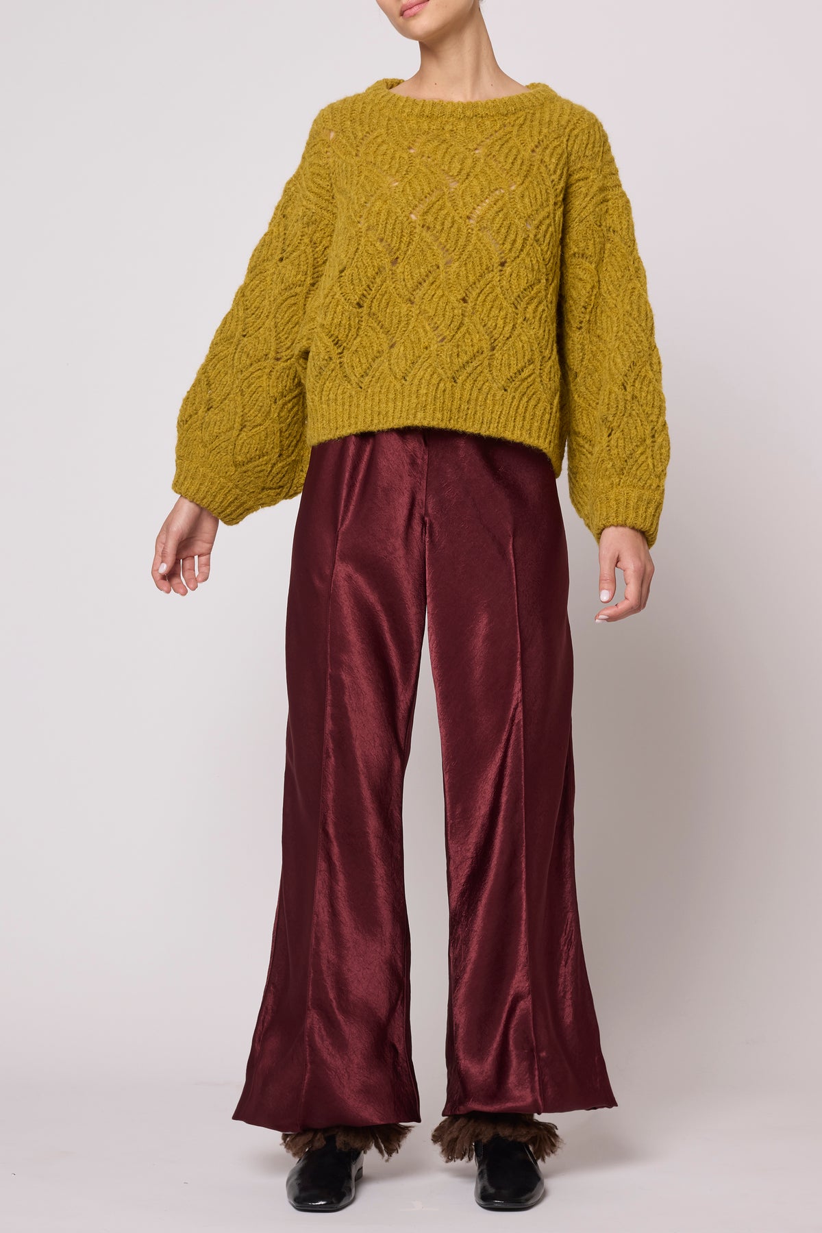 Balloon Sleeve Sweater in Wave Basket - Mustard