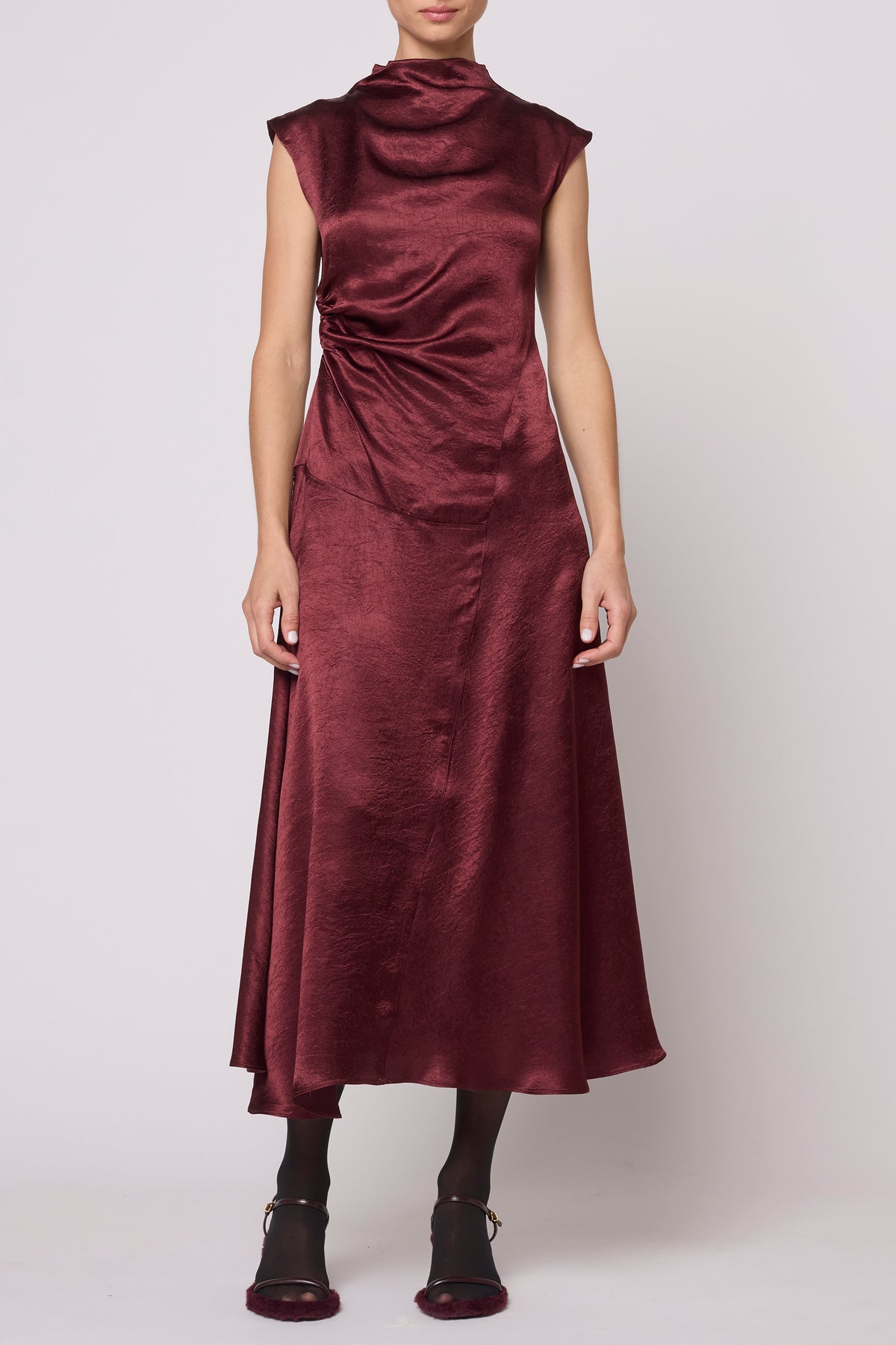 Twisted Dress in Crinkled Satin - Burgundy
