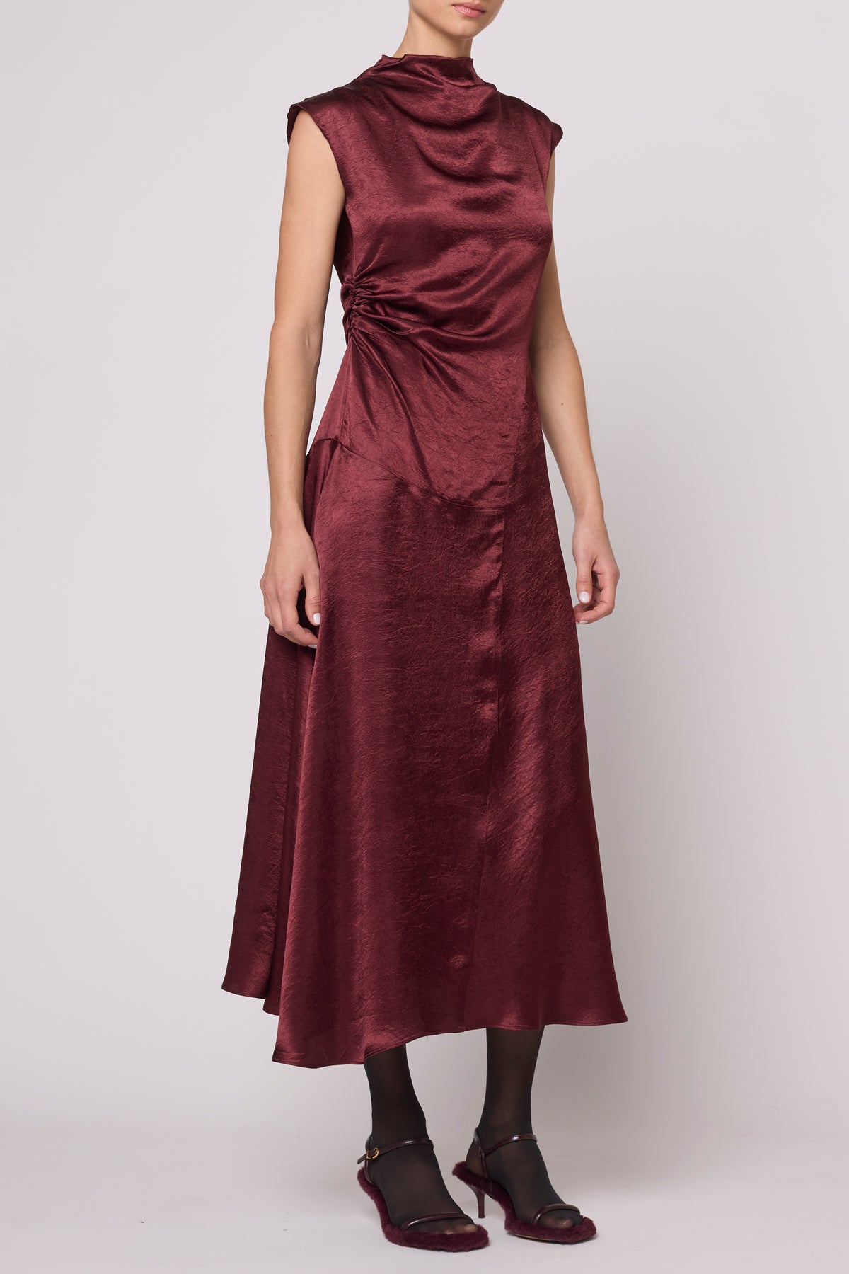 Twisted Dress in Crinkled Satin - Burgundy