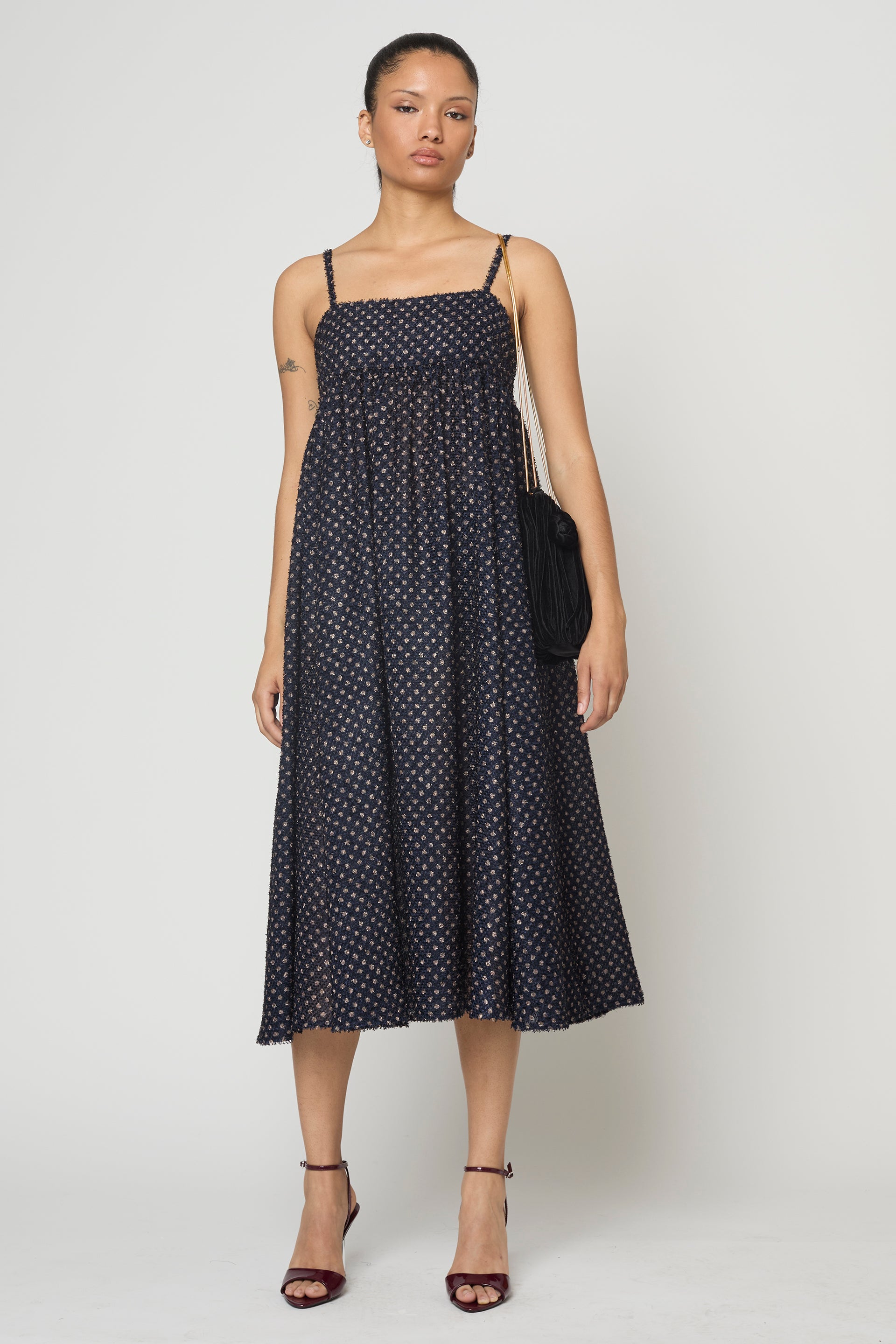 Arquette Dress in Navy Polka Dots at Atelier Delphine