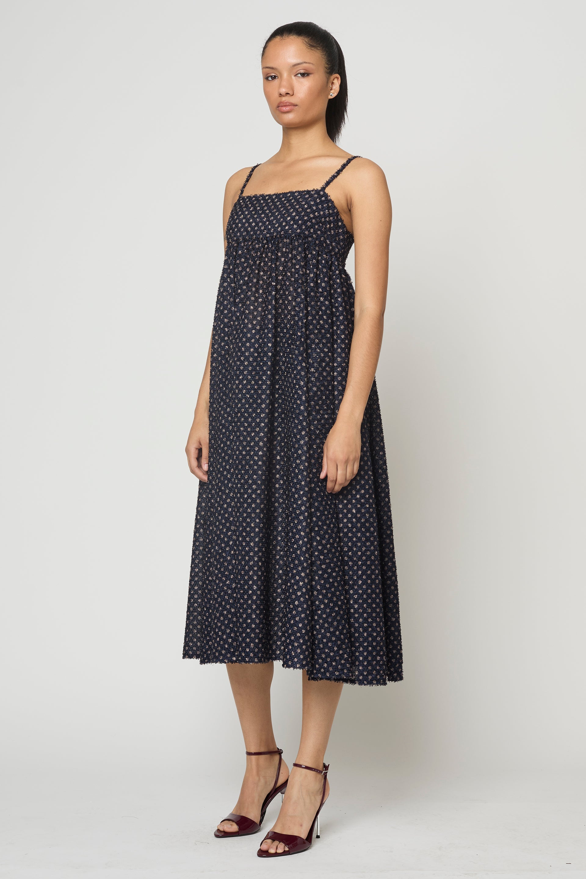 Arquette Dress in Navy Polka Dots