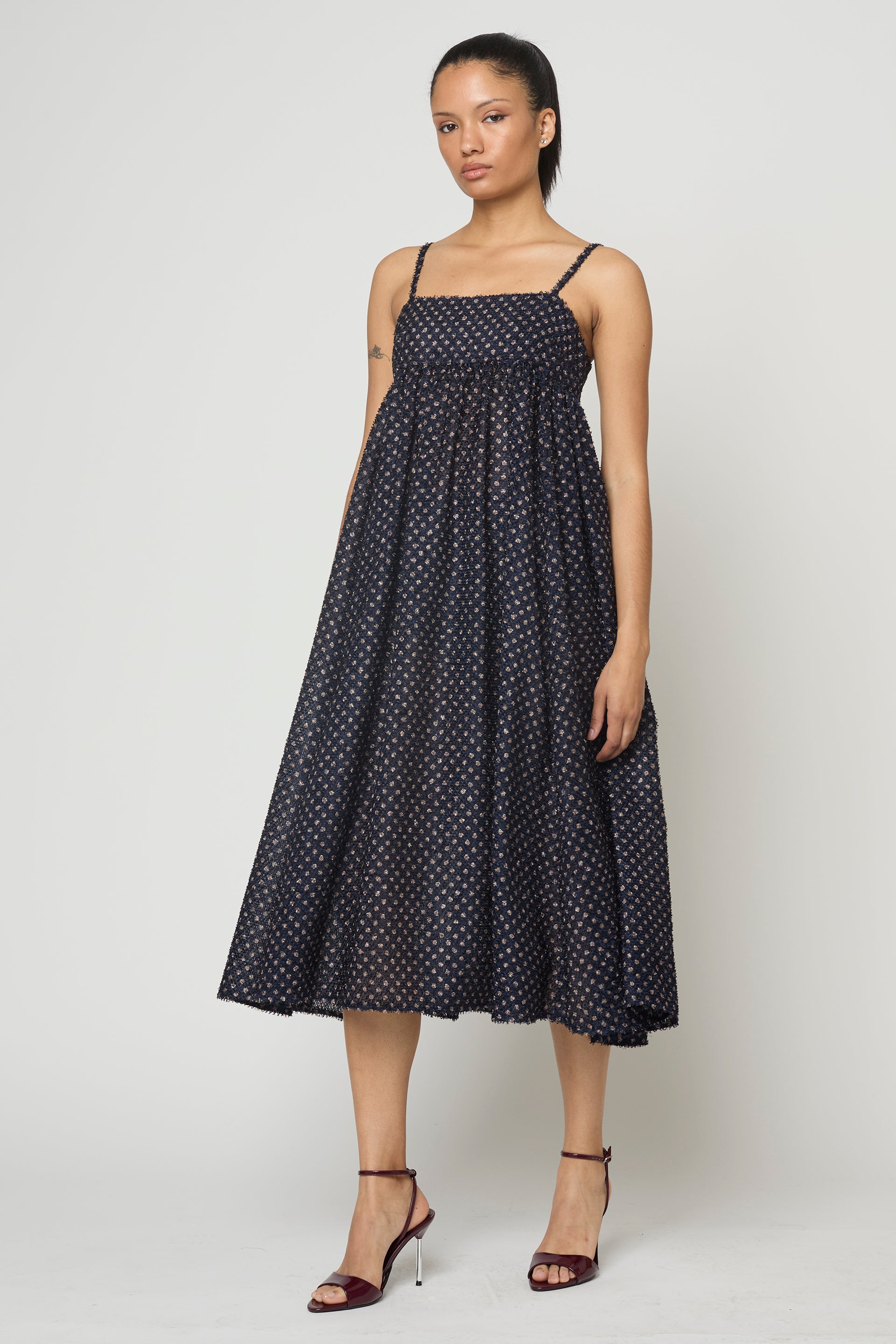 Arquette Dress in Navy Polka Dots