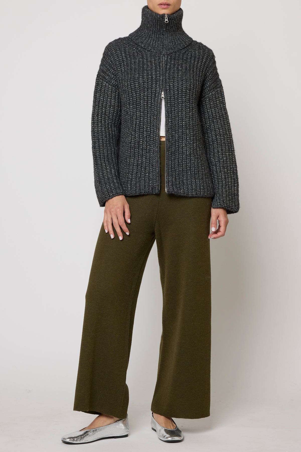 Rib Zip-up Cardigan in Alpaca Pima Blend - Charcoal