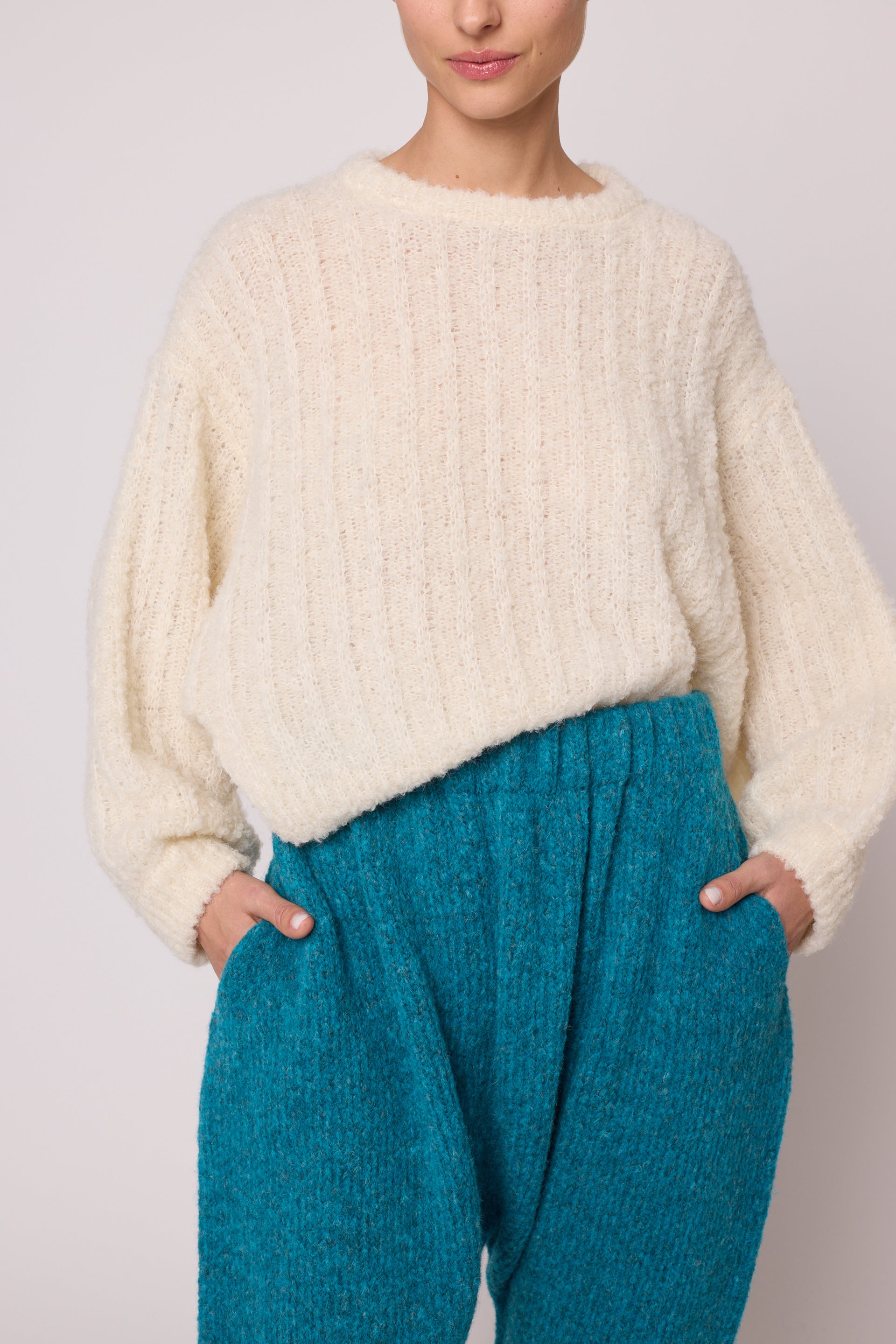 Plush Airy Balloon Sleeve Sweater in Bouclé Alpaca - Cream