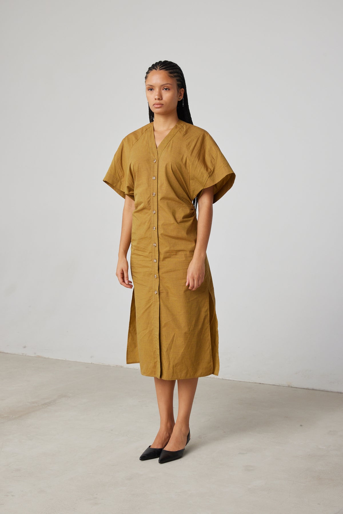 Waist Cinched Shirt Dress in Grain Poplin - Mustard